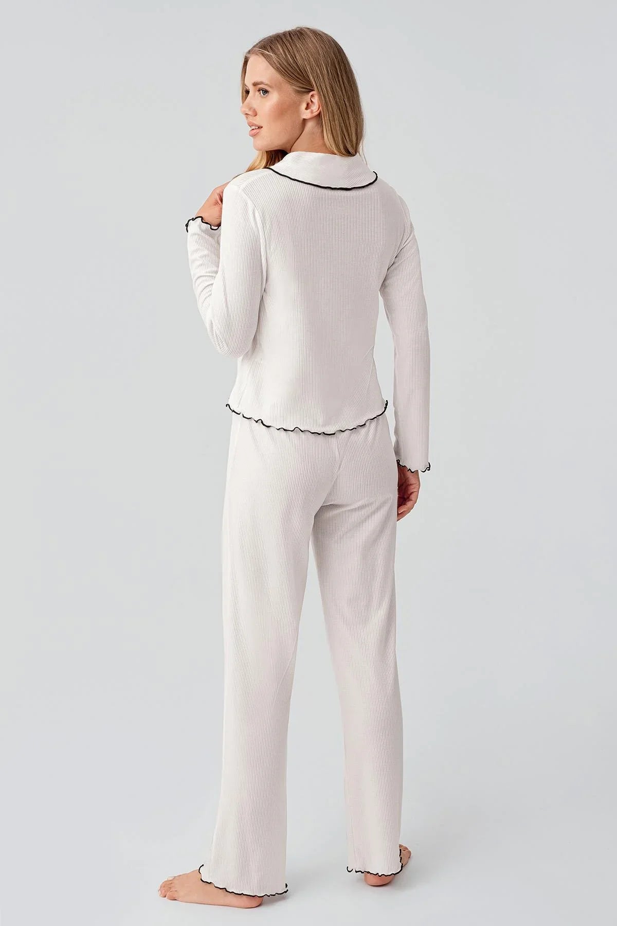 Uzun Kollu Düğmeli Fırfır Dikişli Viskoz Pijama Takım 18212 - Artış Collection