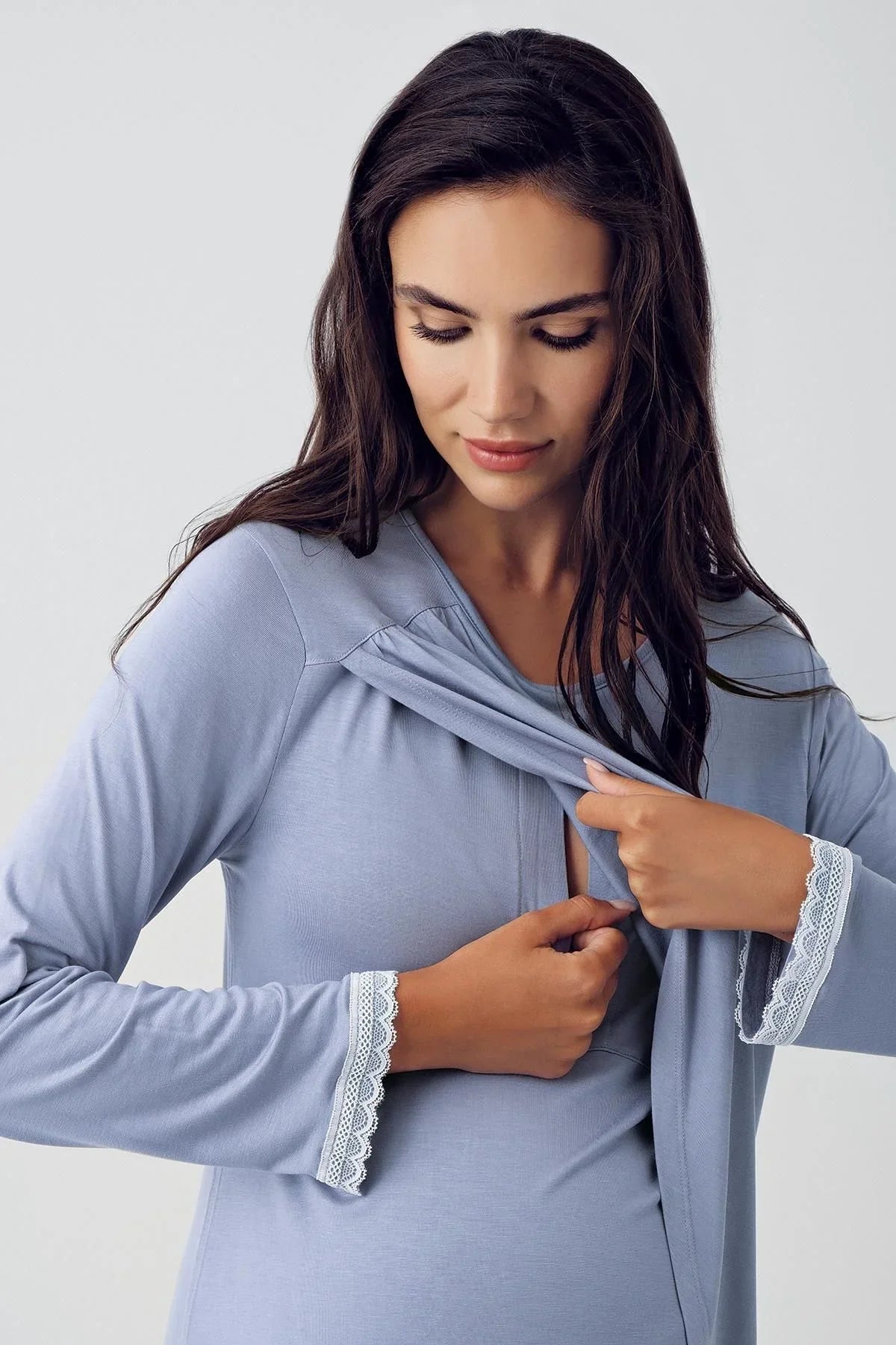 Uzun Kollu Emzirme Bölmeli Likralı Viskoz Hamile Pijama Takım 15209