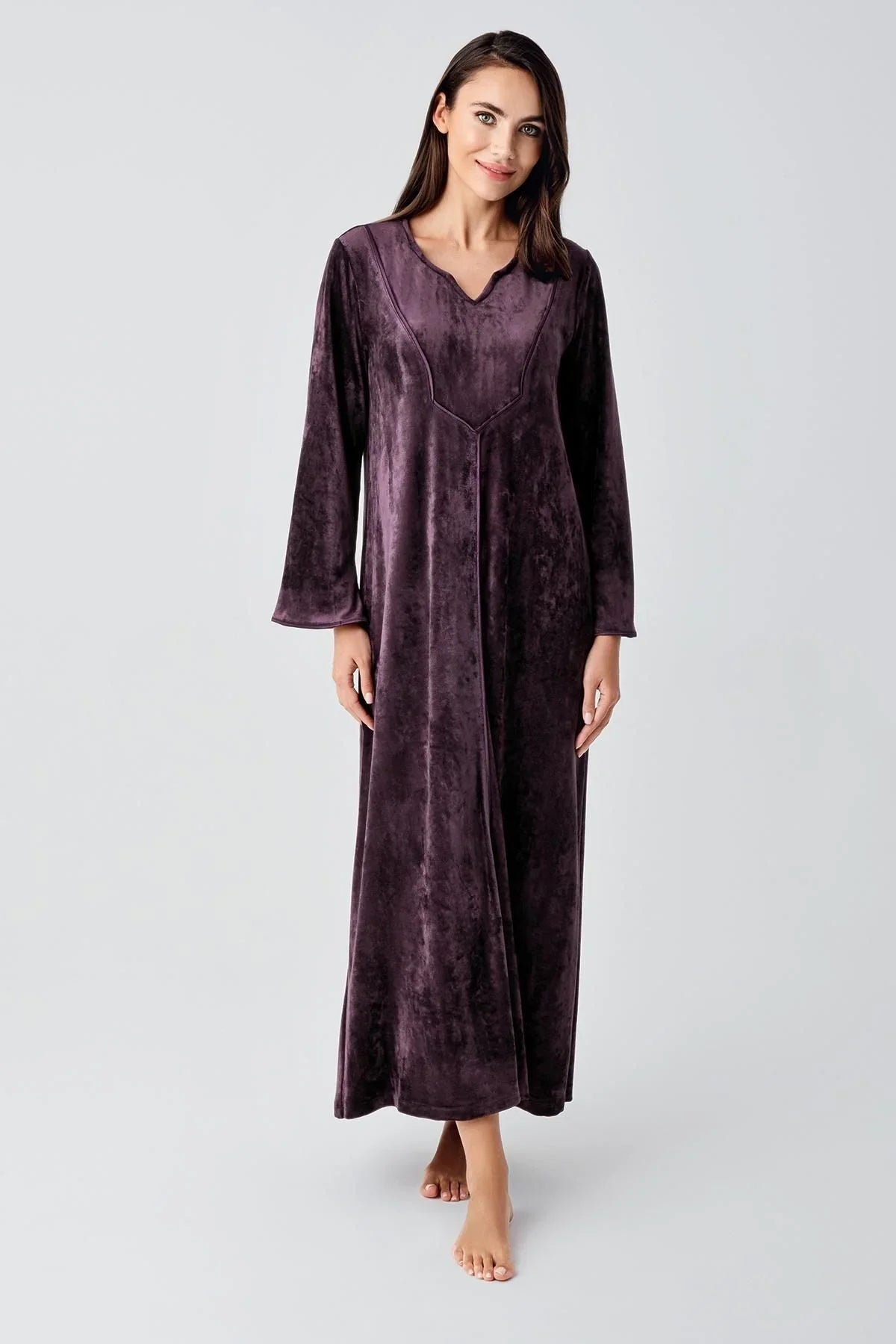 Uzun Kollu Esnek Kadife Viskoz Elbise 21117