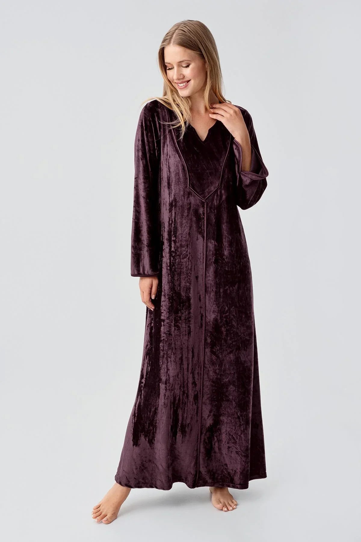 Uzun Kollu Esnek Kadife Viskoz Elbise 21117