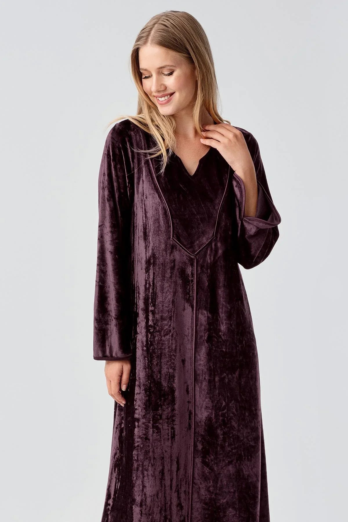 Uzun Kollu Esnek Kadife Viskoz Elbise 21117