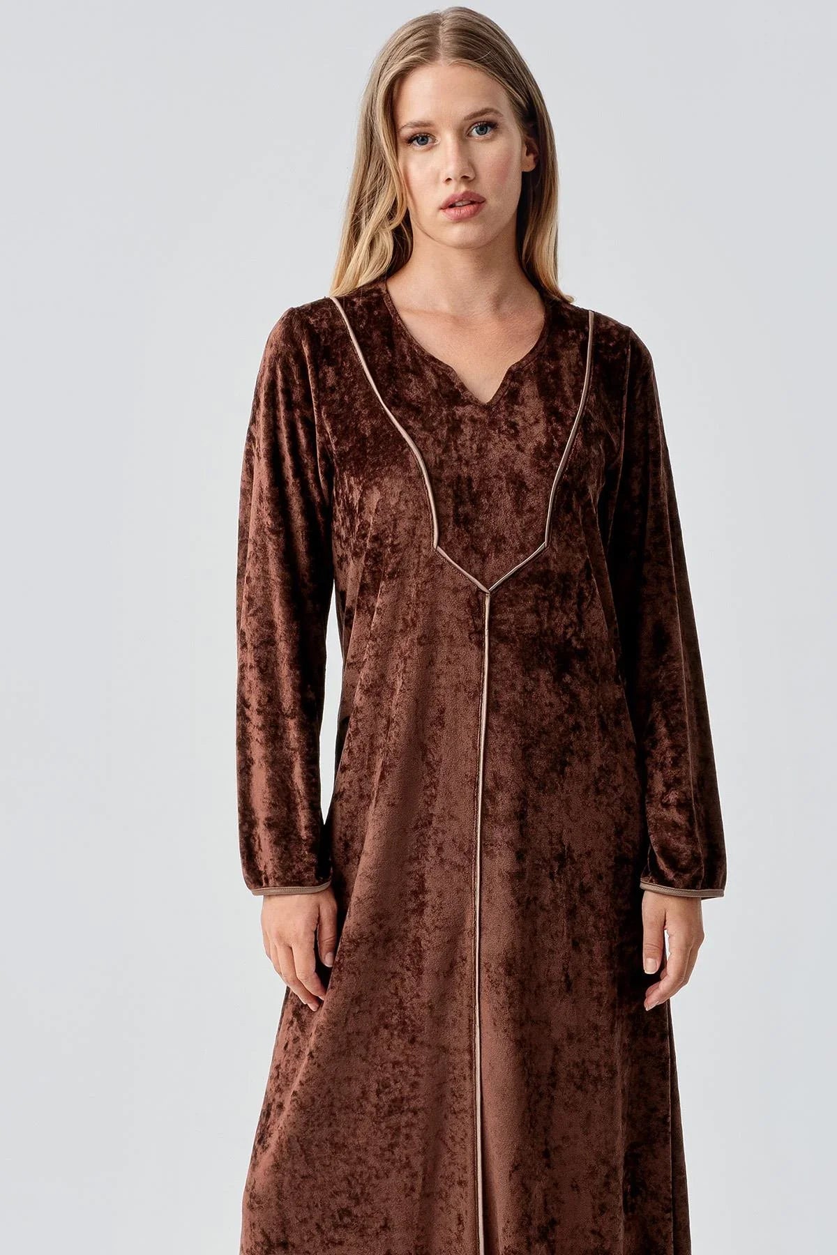 Uzun Kollu Esnek Kadife Viskoz Elbise 21117 - Artış Collection