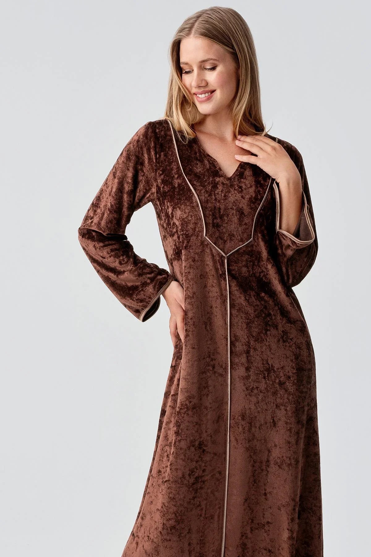 Uzun Kollu Esnek Kadife Viskoz Elbise 21117