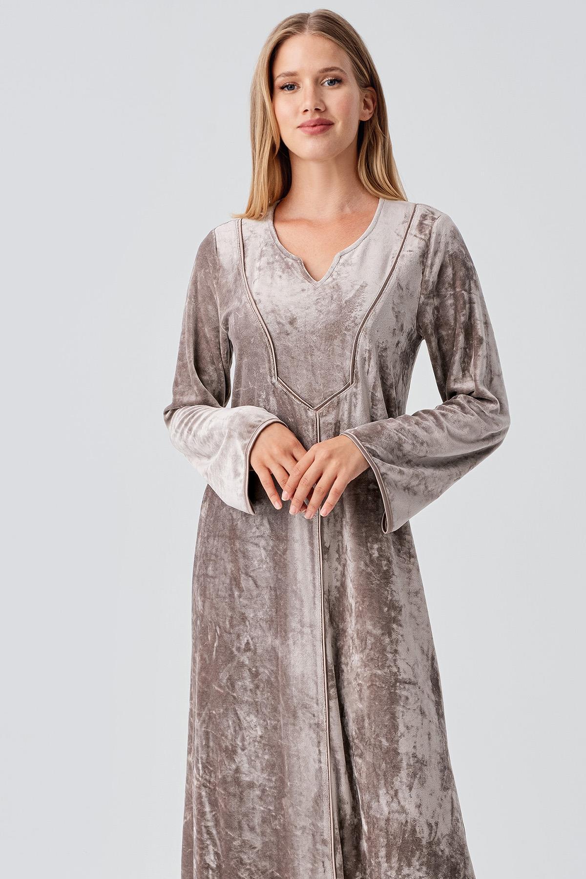 Uzun Kollu Esnek Kadife Viskoz Elbise 21117