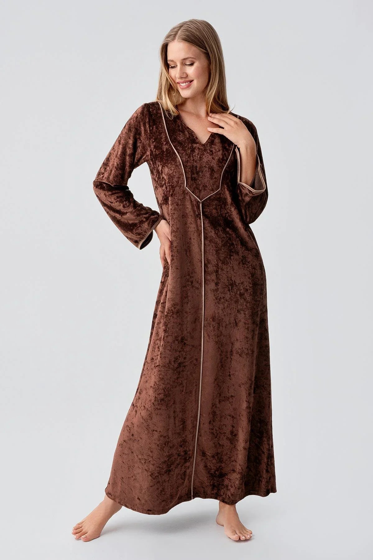 Uzun Kollu Esnek Kadife Viskoz Elbise 21117 - Artış Collection