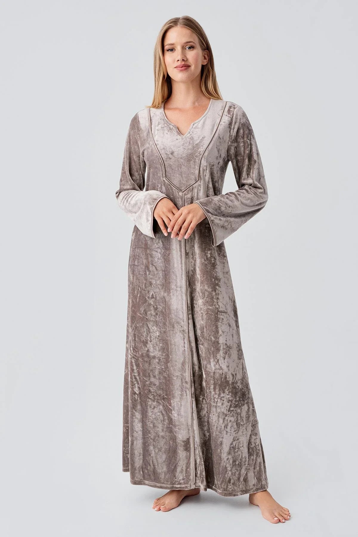 Uzun Kollu Esnek Kadife Viskoz Elbise 21117