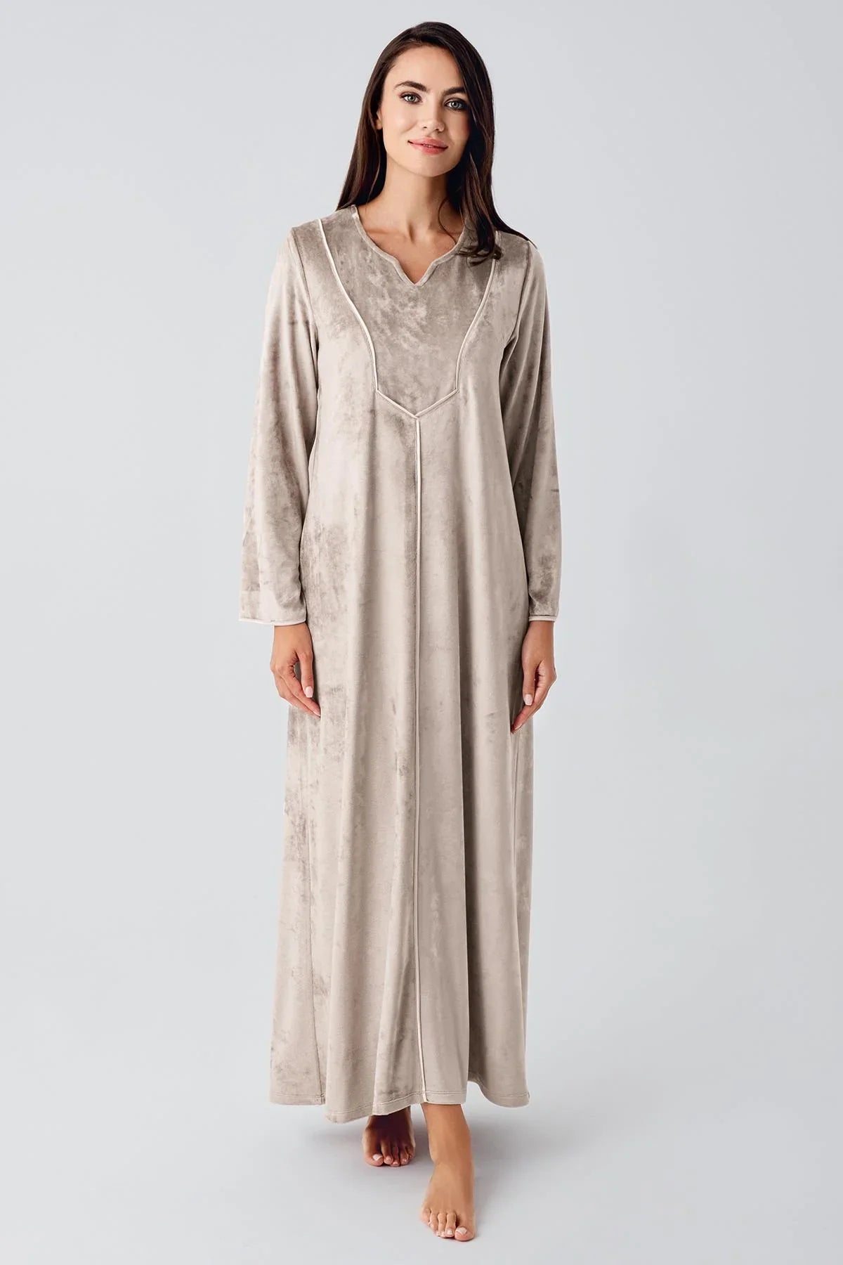 Uzun Kollu Esnek Kadife Viskoz Elbise 21117