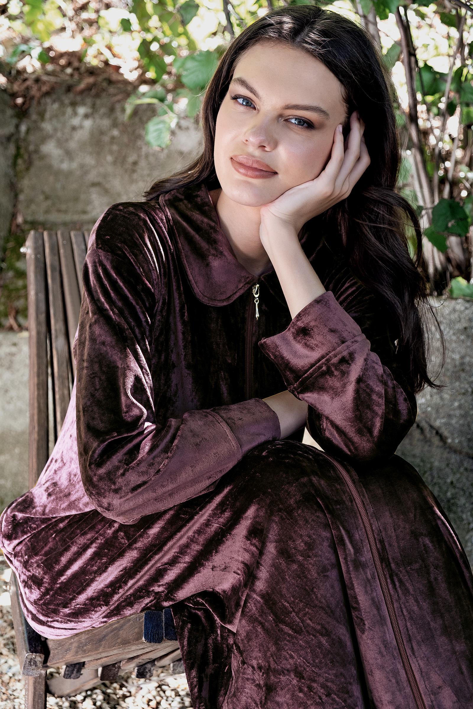 Uzun Kollu Fermuarlı Cepli Esnek Viskoz Kadife Elbise 18108 - Artış Collection