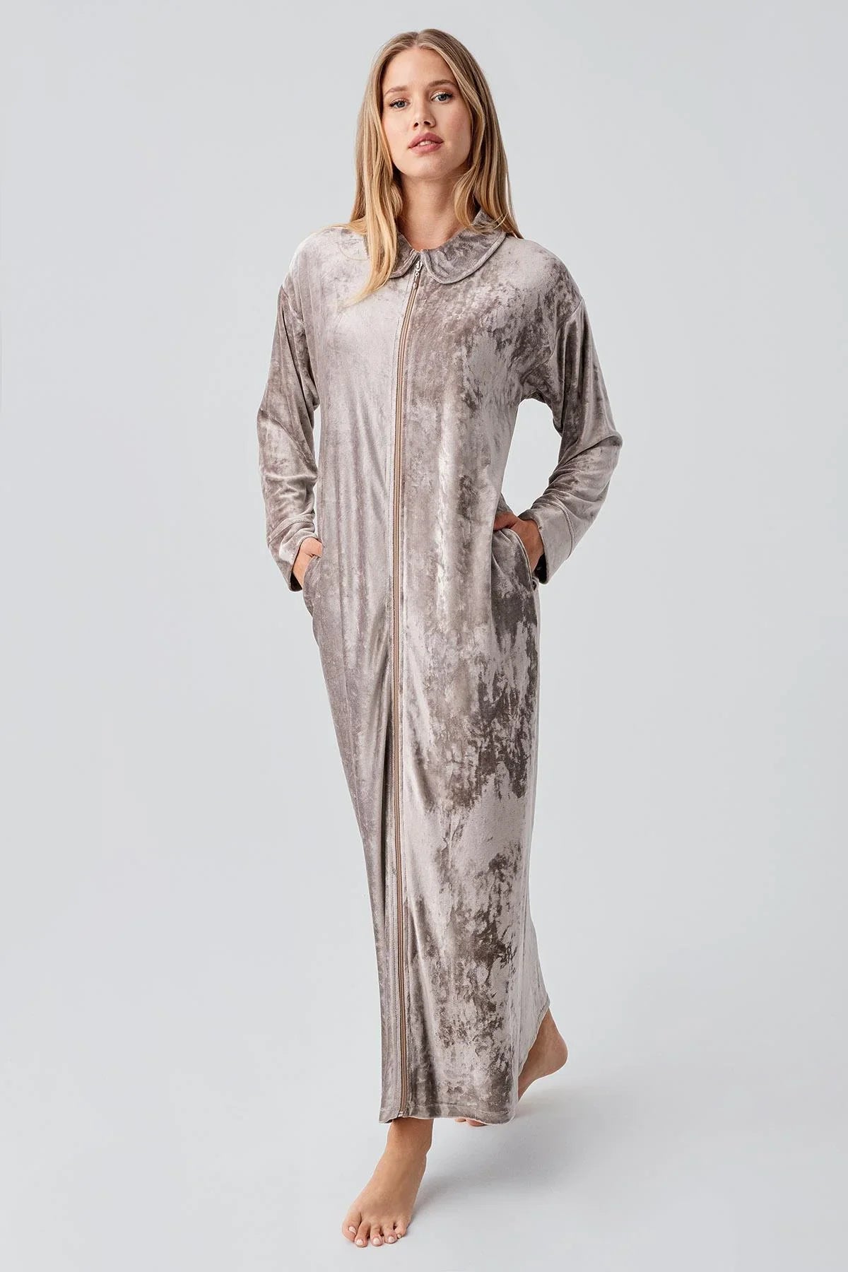 Uzun Kollu Fermuarlı Cepli Esnek Viskoz Kadife Elbise 18108 - Artış Collection