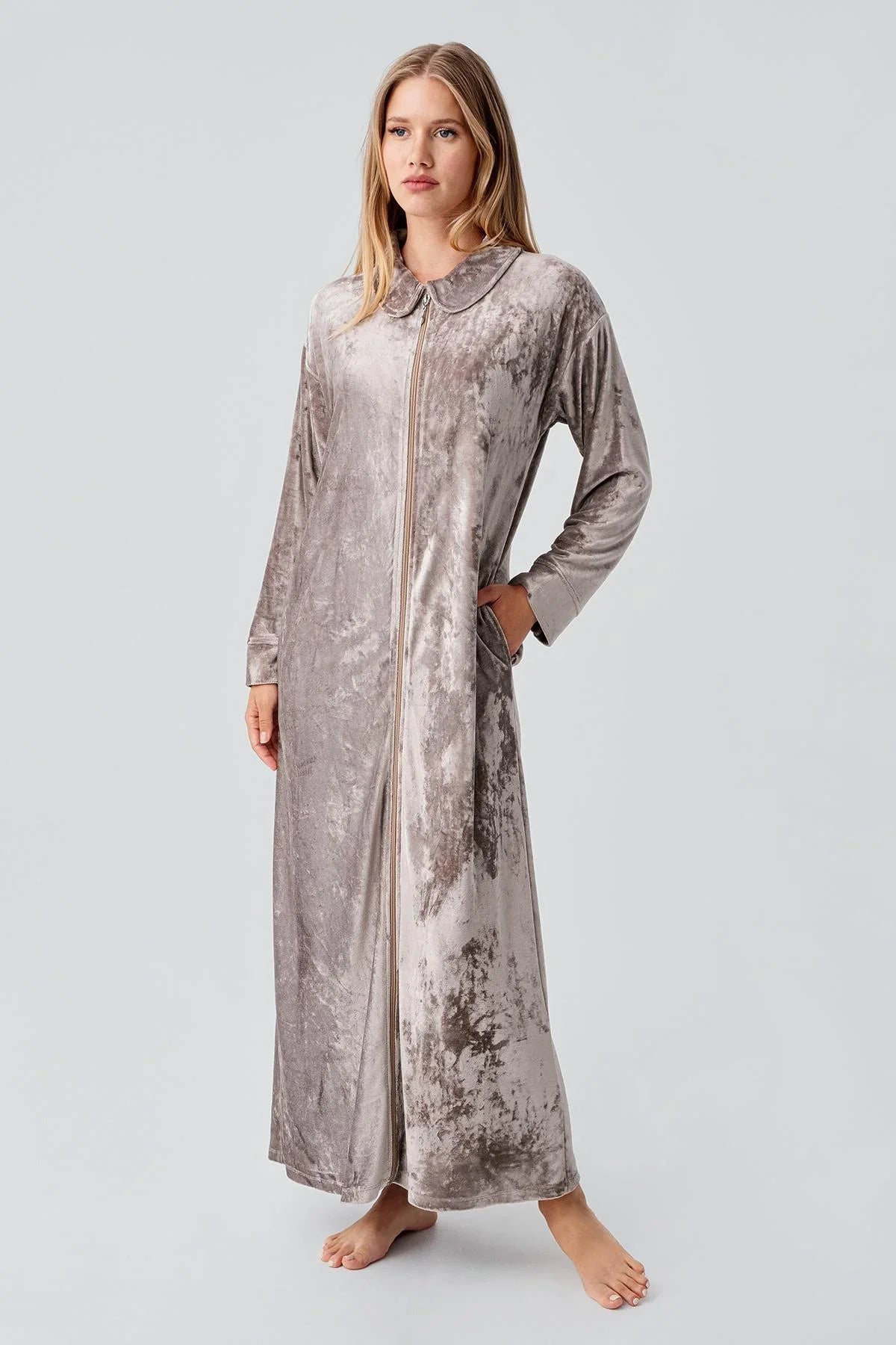 Uzun Kollu Fermuarlı Cepli Esnek Viskoz Kadife Elbise 18108 - Artış Collection