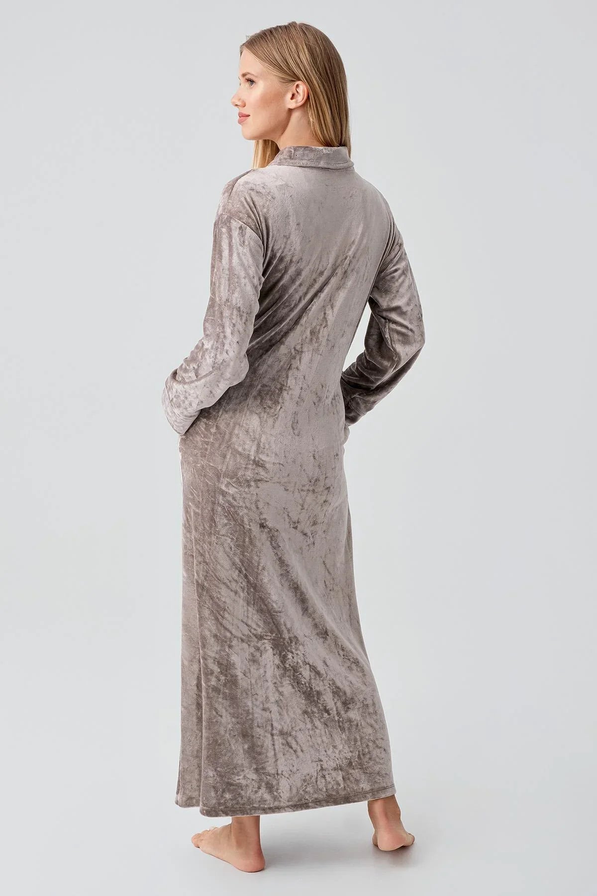 Uzun Kollu Fermuarlı Cepli Esnek Viskoz Kadife Elbise 18108 - Artış Collection