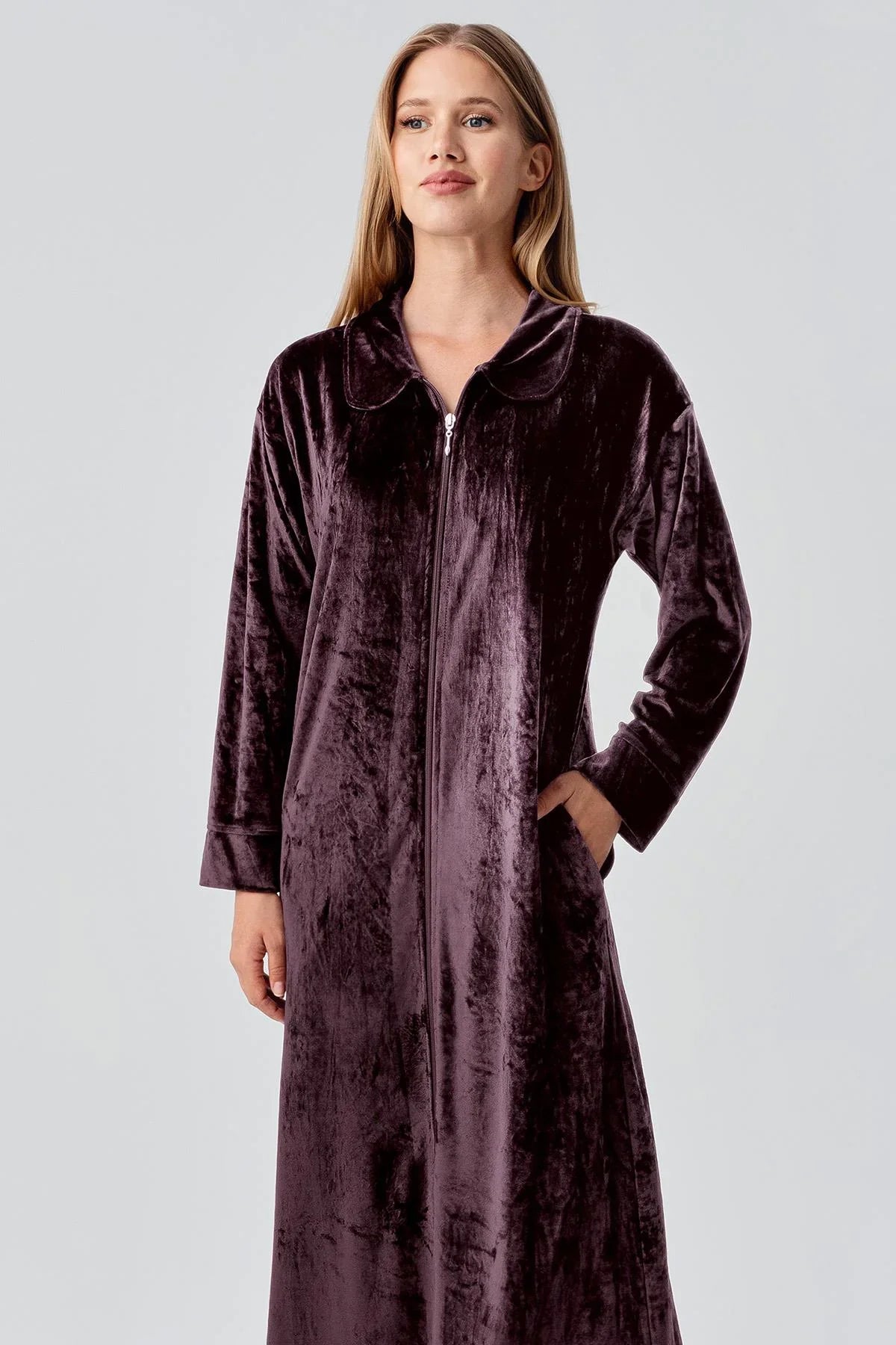 Uzun Kollu Fermuarlı Cepli Esnek Viskoz Kadife Elbise 18108 - Artış Collection