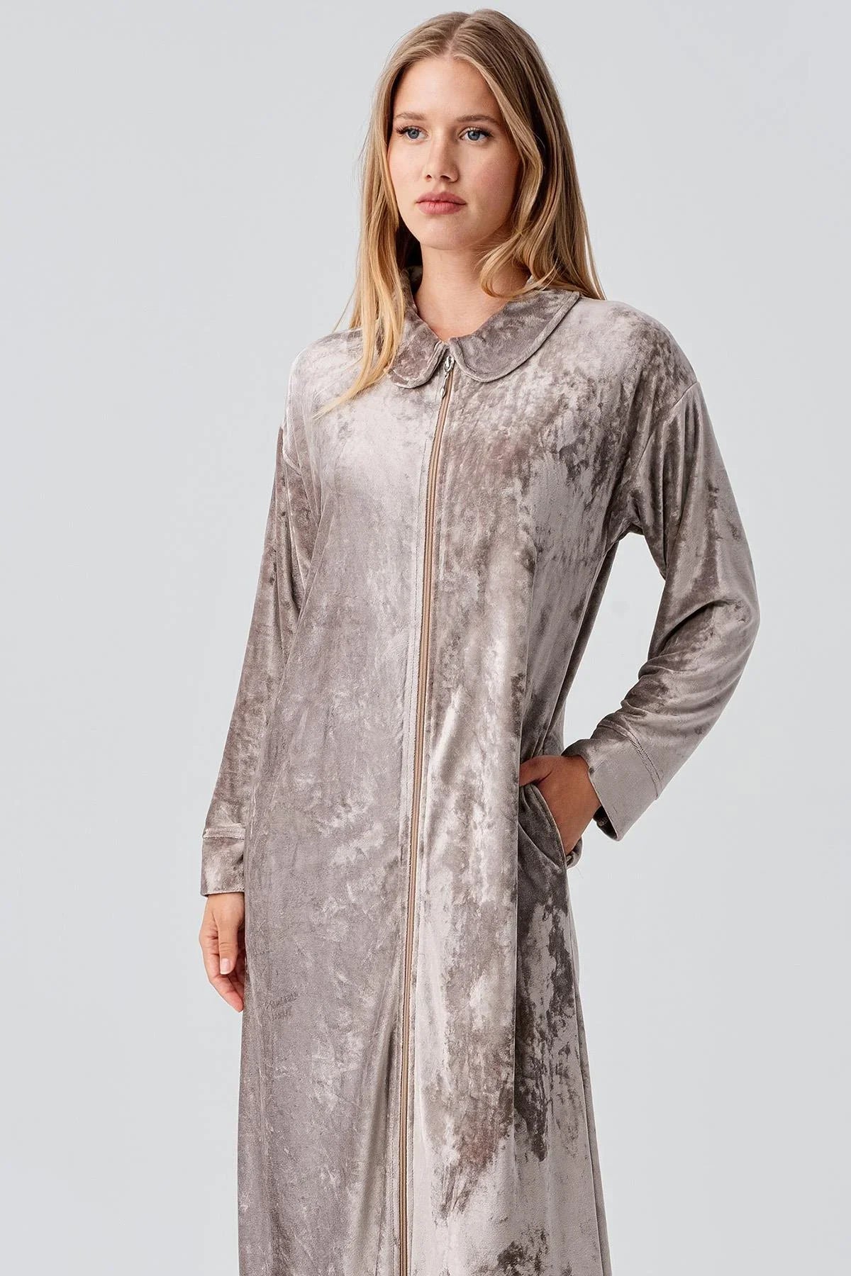 Uzun Kollu Fermuarlı Cepli Esnek Viskoz Kadife Elbise 18108 - Artış Collection