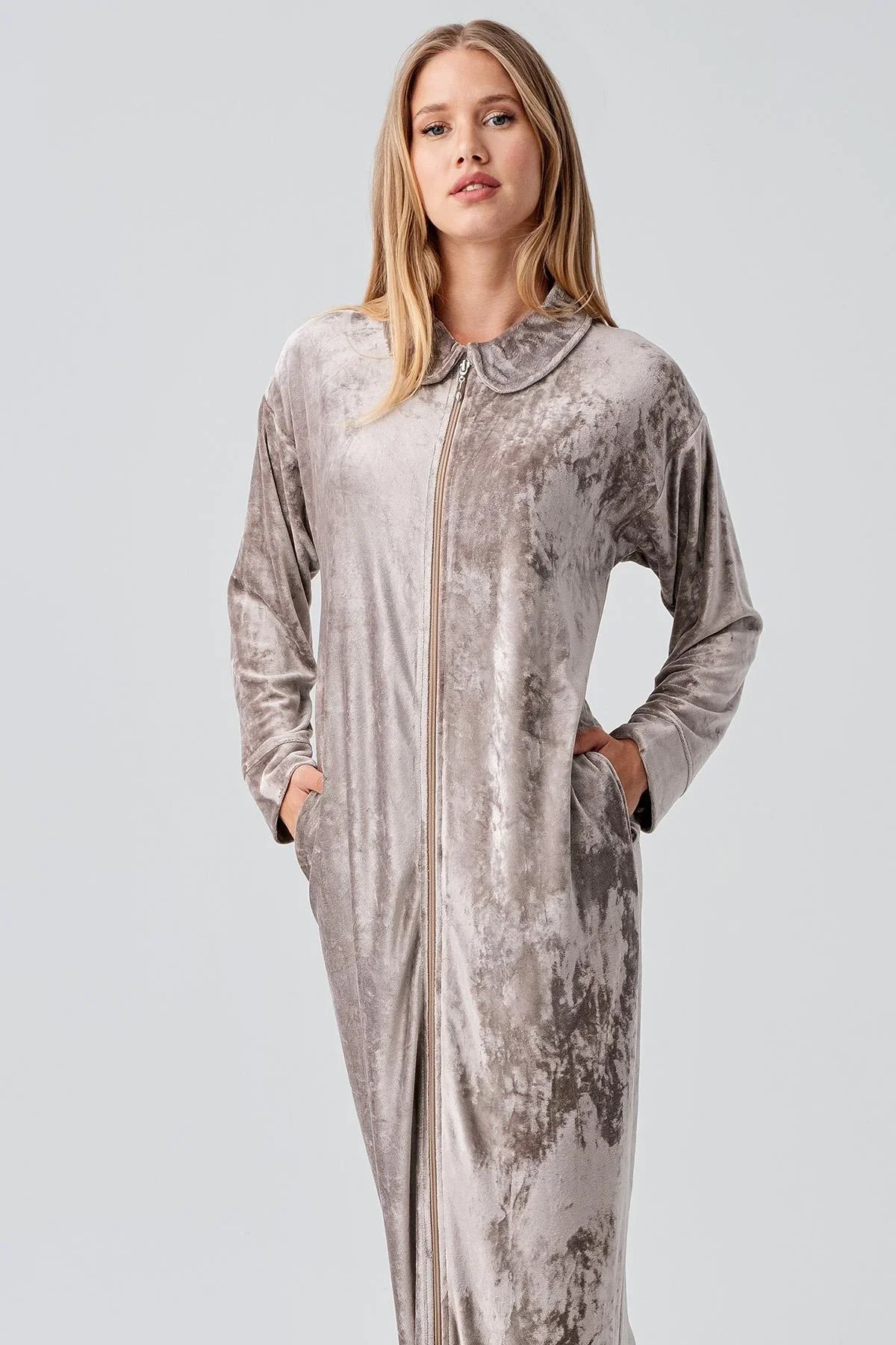 Uzun Kollu Fermuarlı Cepli Esnek Viskoz Kadife Elbise 18108 - Artış Collection