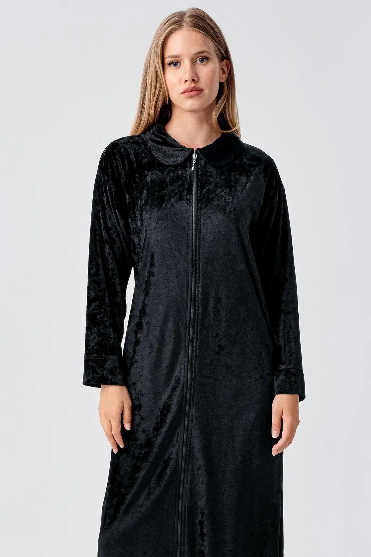 Uzun Kollu Fermuarlı Cepli Esnek Viskoz Kadife Elbise 18108 - Artış Collection