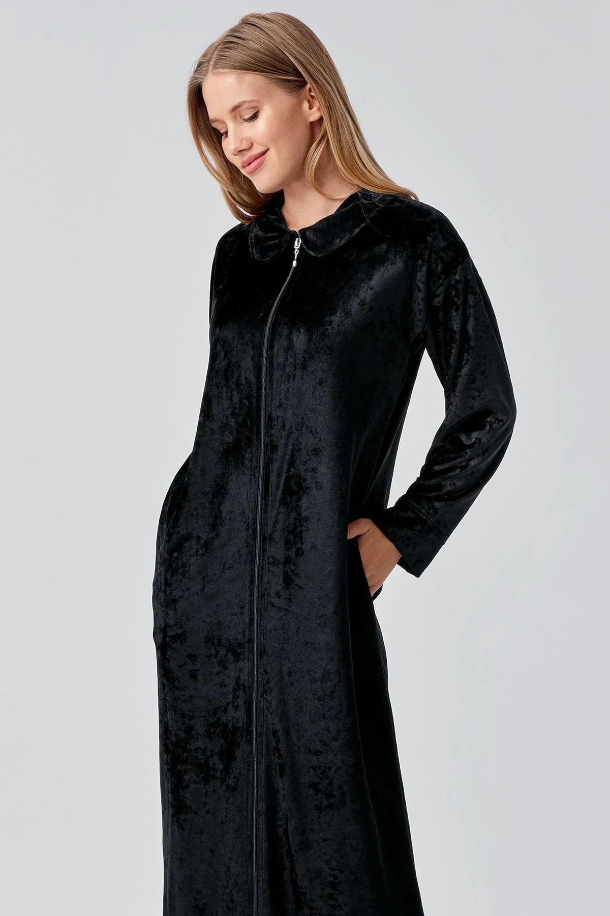 Uzun Kollu Fermuarlı Cepli Esnek Viskoz Kadife Elbise 18108 - Artış Collection