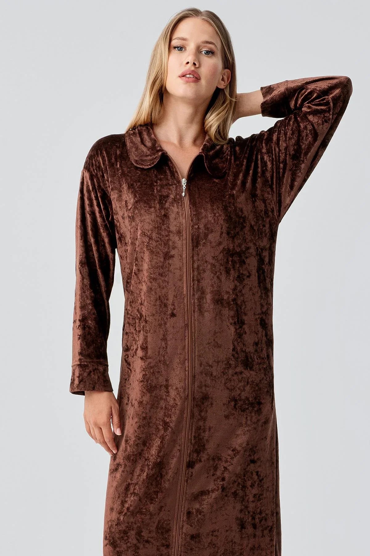 Uzun Kollu Fermuarlı Cepli Esnek Viskoz Kadife Elbise 18108 - Artış Collection