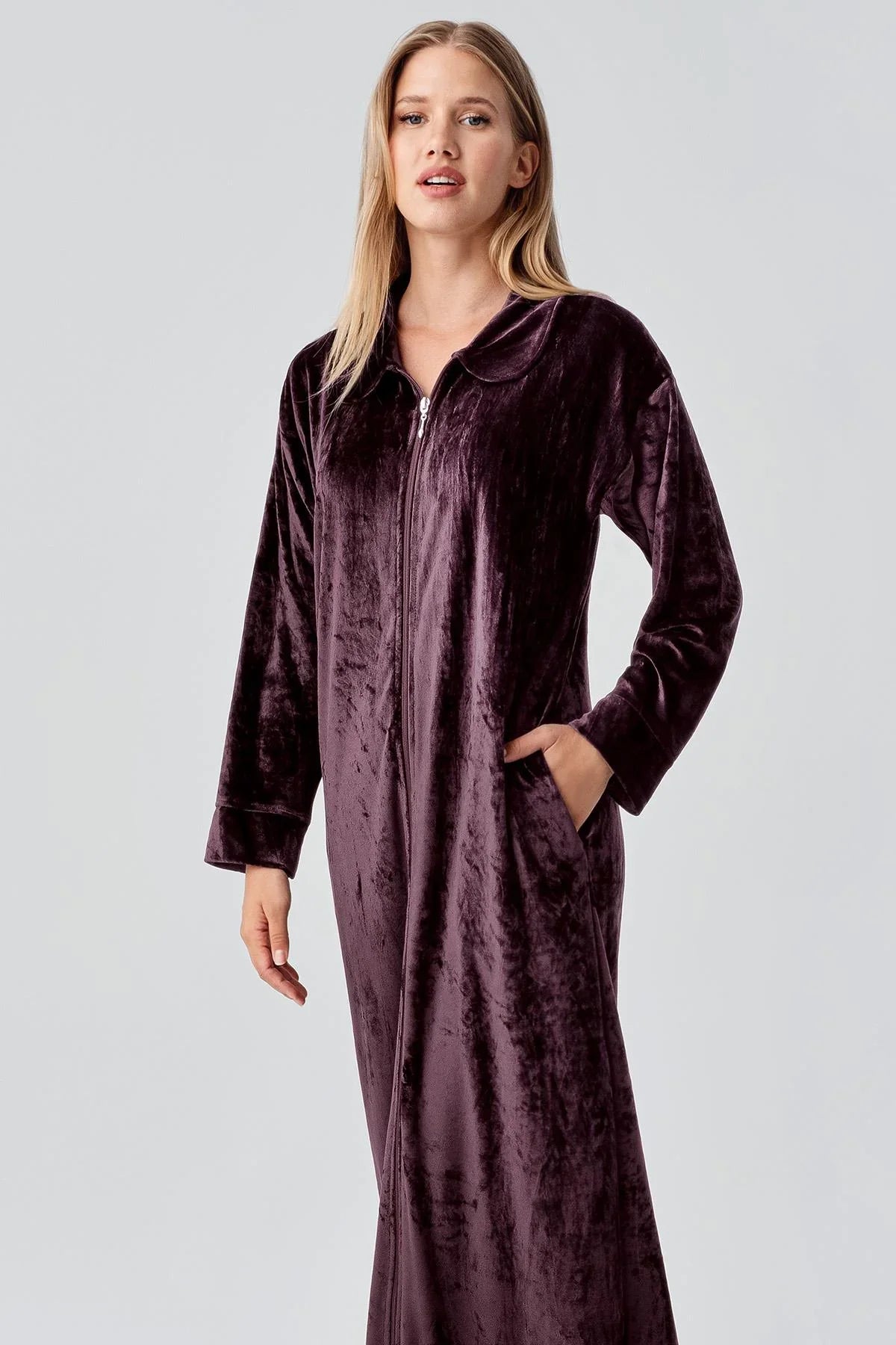 Uzun Kollu Fermuarlı Cepli Esnek Viskoz Kadife Elbise 18108 - Artış Collection