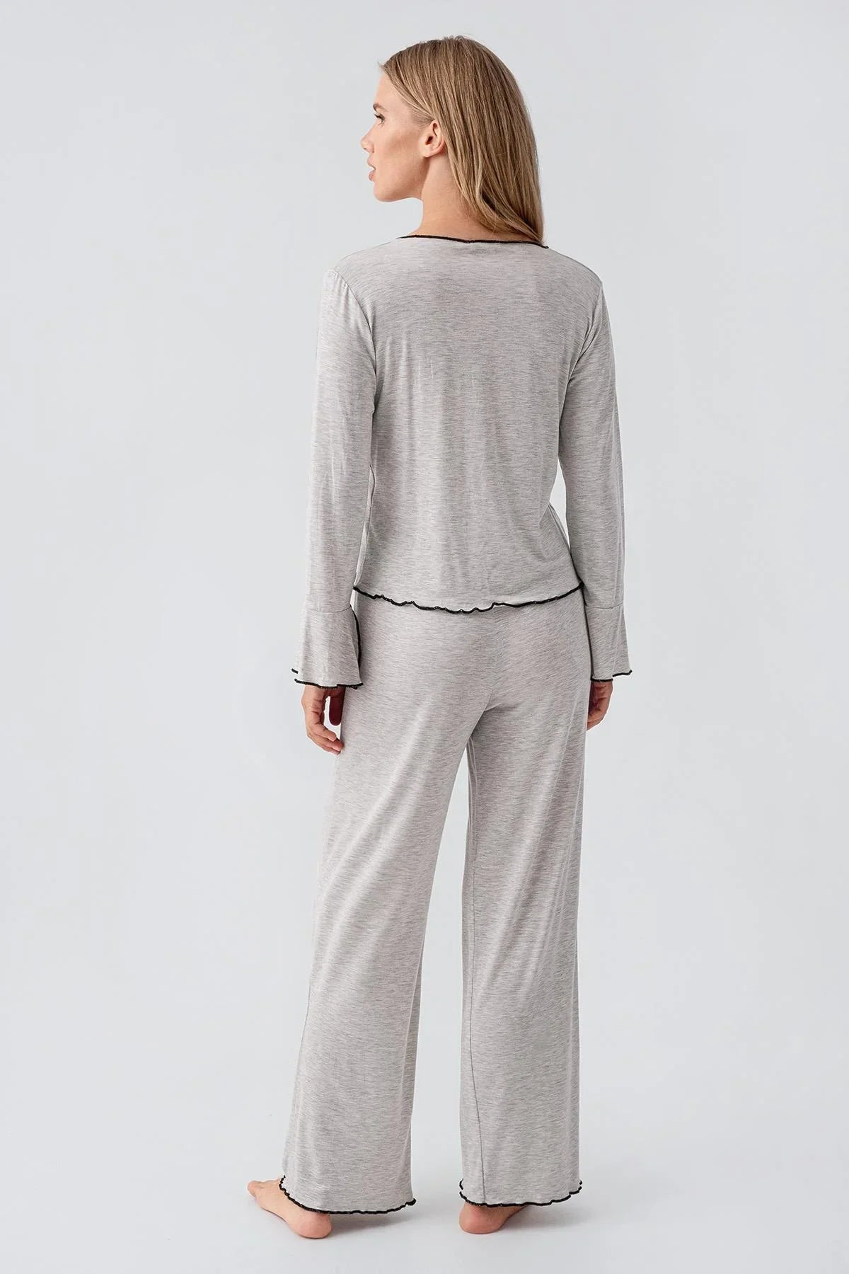 Uzun Kollu Kurdele Fiyonk Detaylı Esnek Likralı Viskoz Soft Pijama Takım 18208