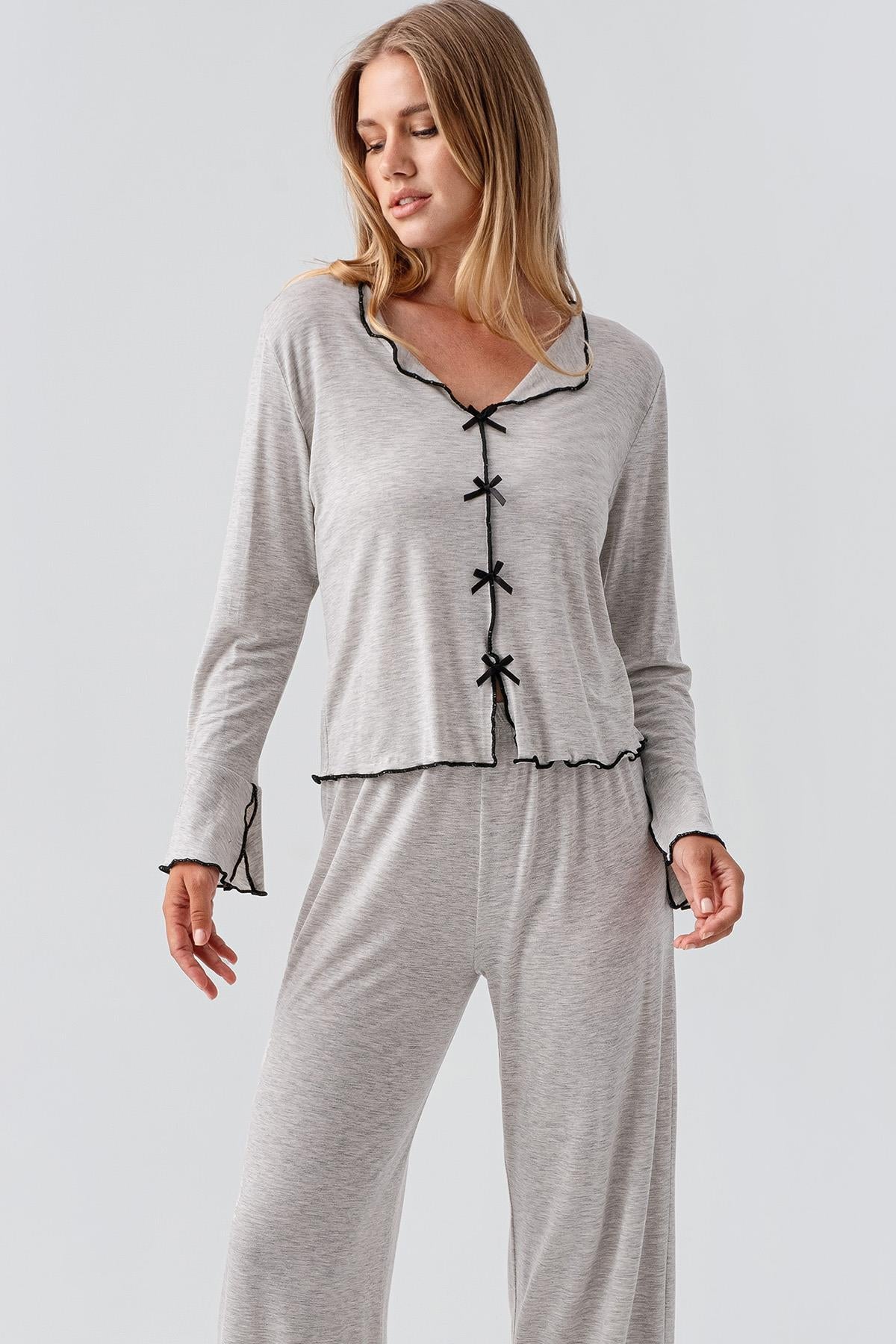 Long Sleeve Ribbon Bow Detailed Flexible Viscose Pajama Set 18208