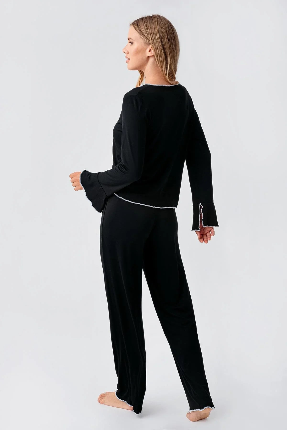 Uzun Kollu Kurdele Fiyonk Detaylı Esnek Viskoz Pijama Takım 18208 - Artış Collection