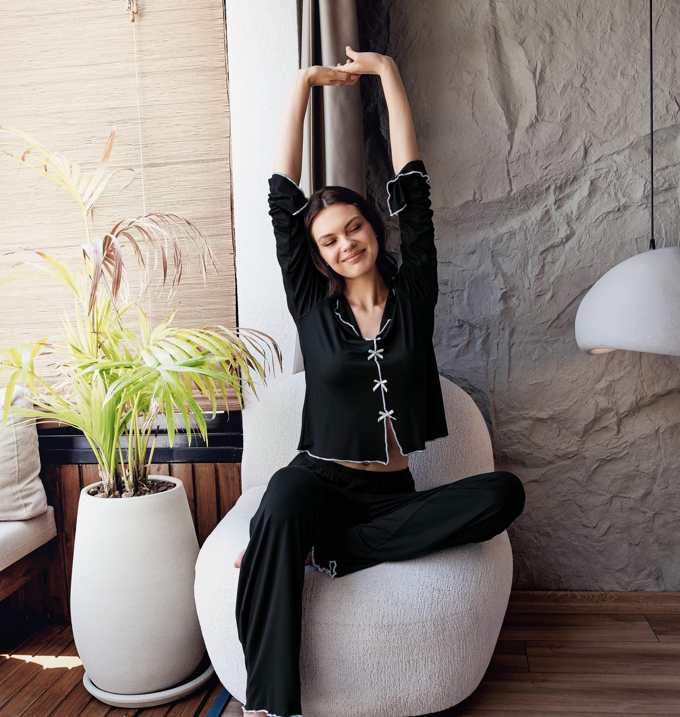 Uzun Kollu Kurdele Fiyonk Detaylı Esnek Viskoz Pijama Takım 18208 - Artış Collection