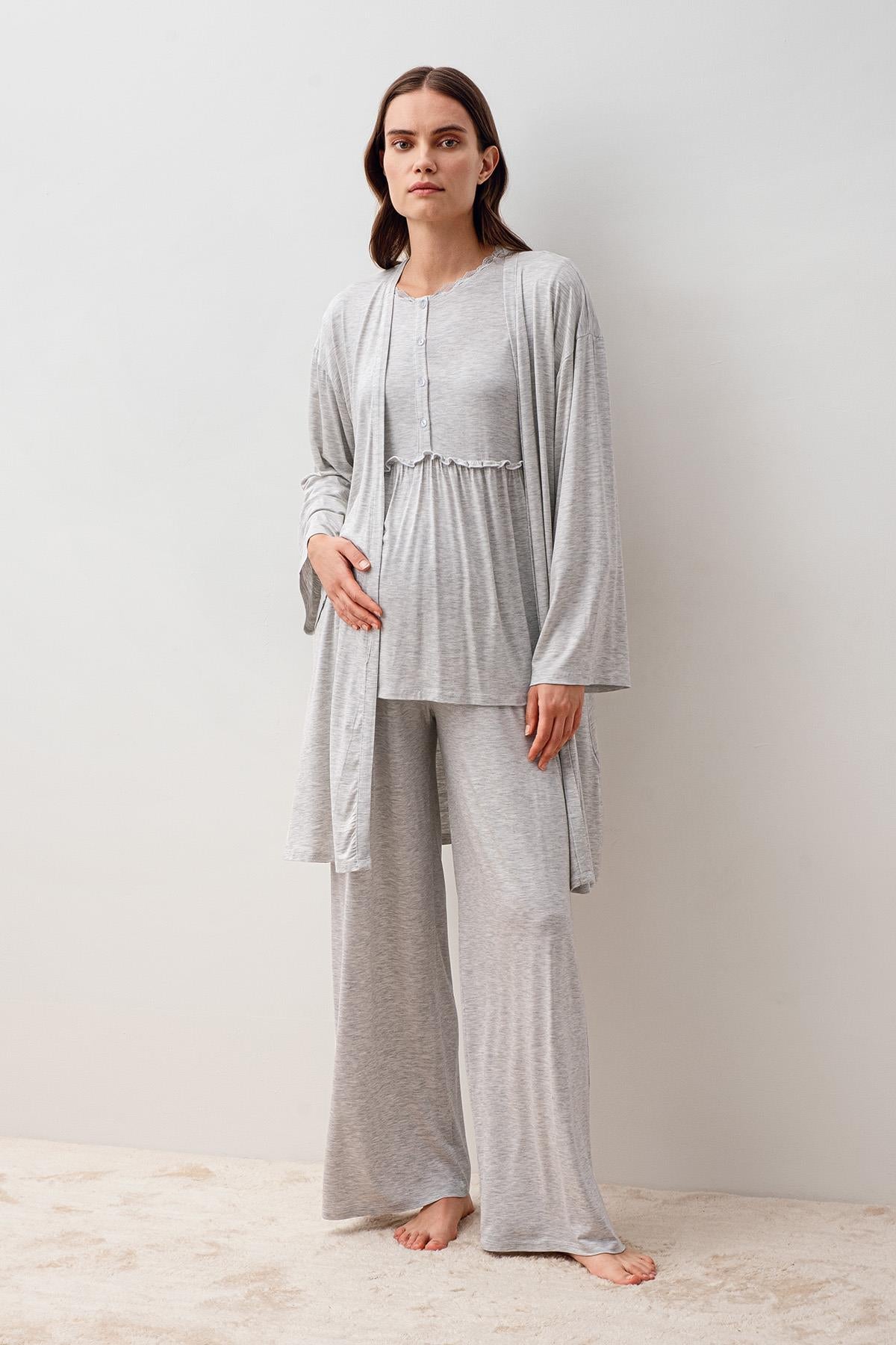 Uzun Kollu Likralı Viskoz Hamile Sabahlık Pijama Takım 20302