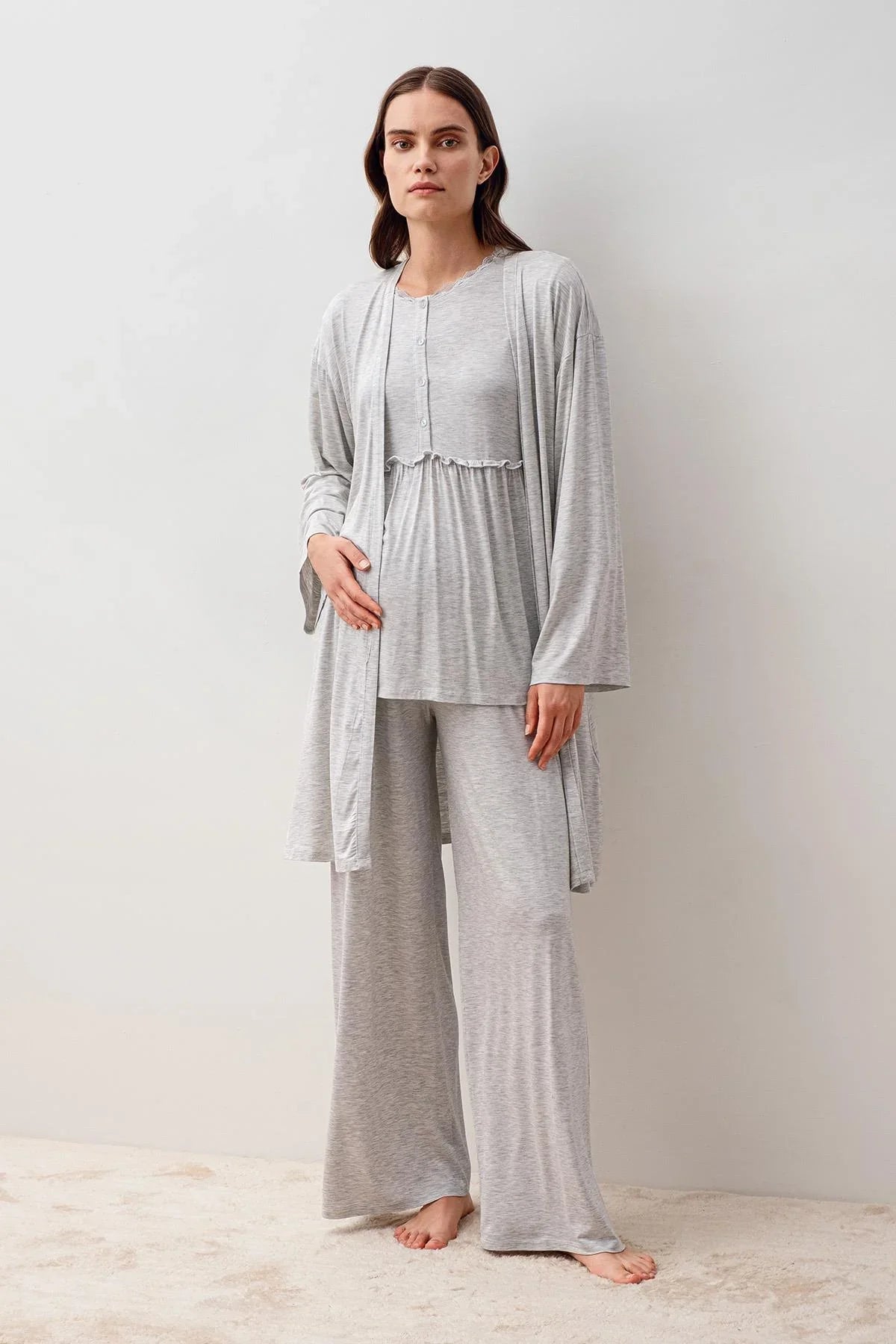 Uzun Kollu Likralı Viskoz Hamile Sabahlık Pijama Takım 20302 - Artış Collection