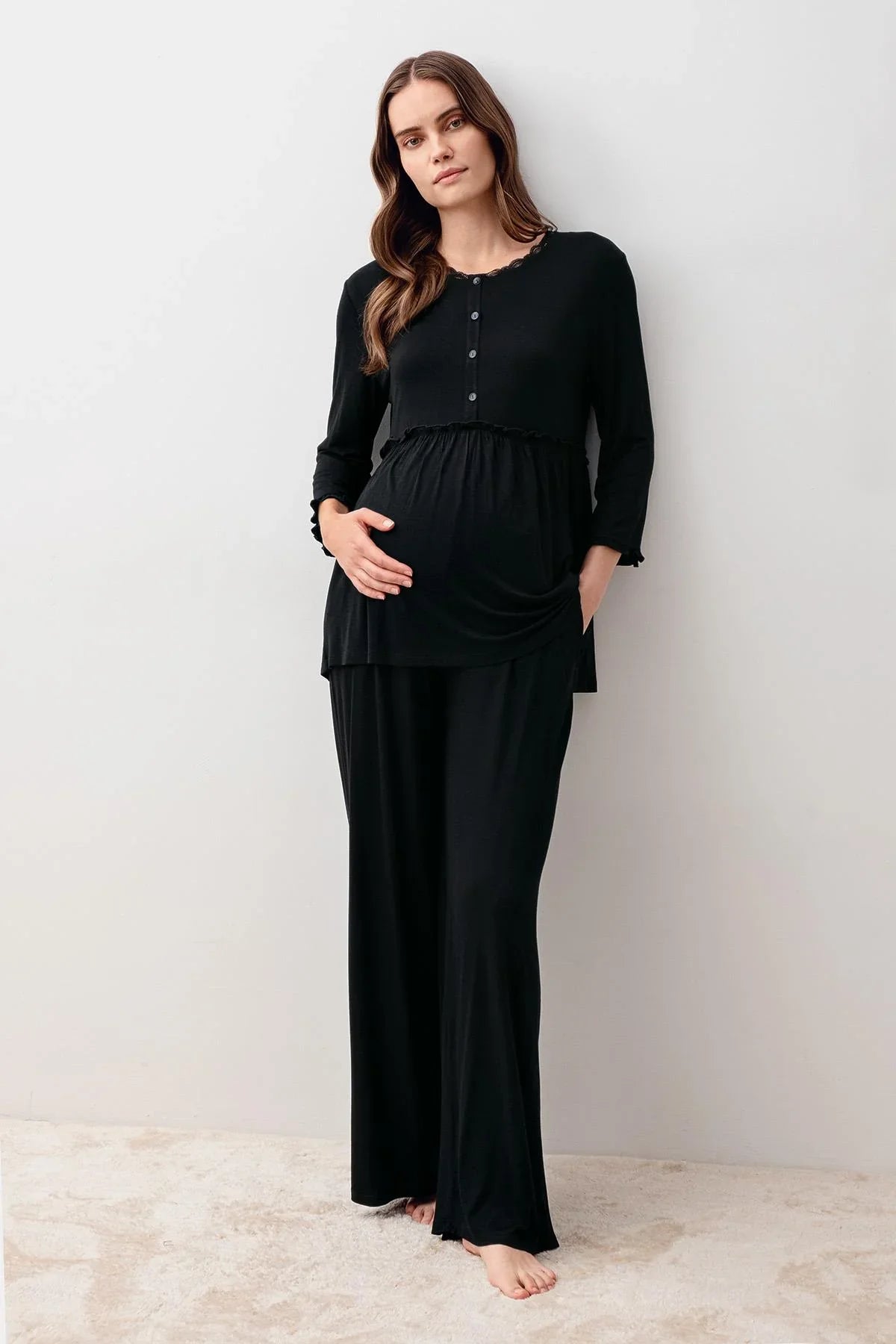 Uzun Kollu Likralı Viskoz Hamile Sabahlık Pijama Takım 20302 - Artış Collection