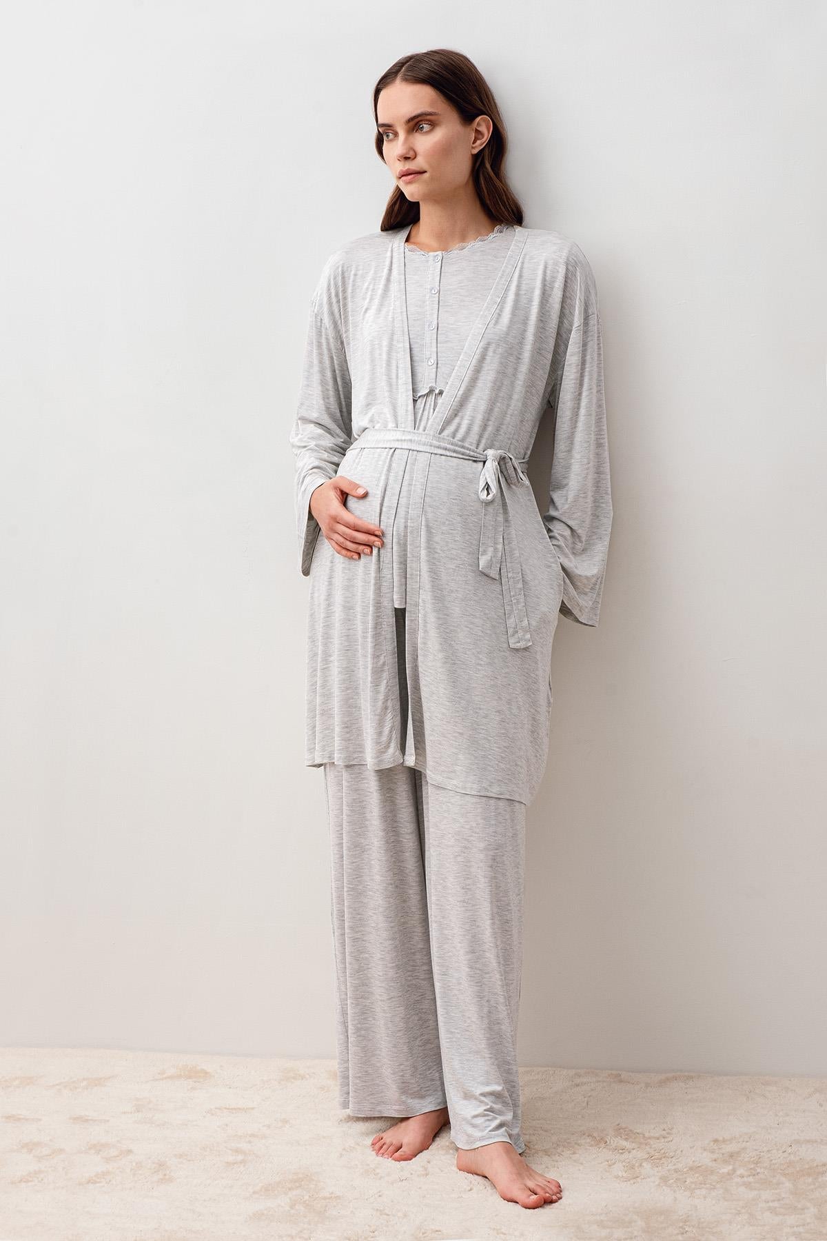 Uzun Kollu Likralı Viskoz Hamile Sabahlık Pijama Takım 20302