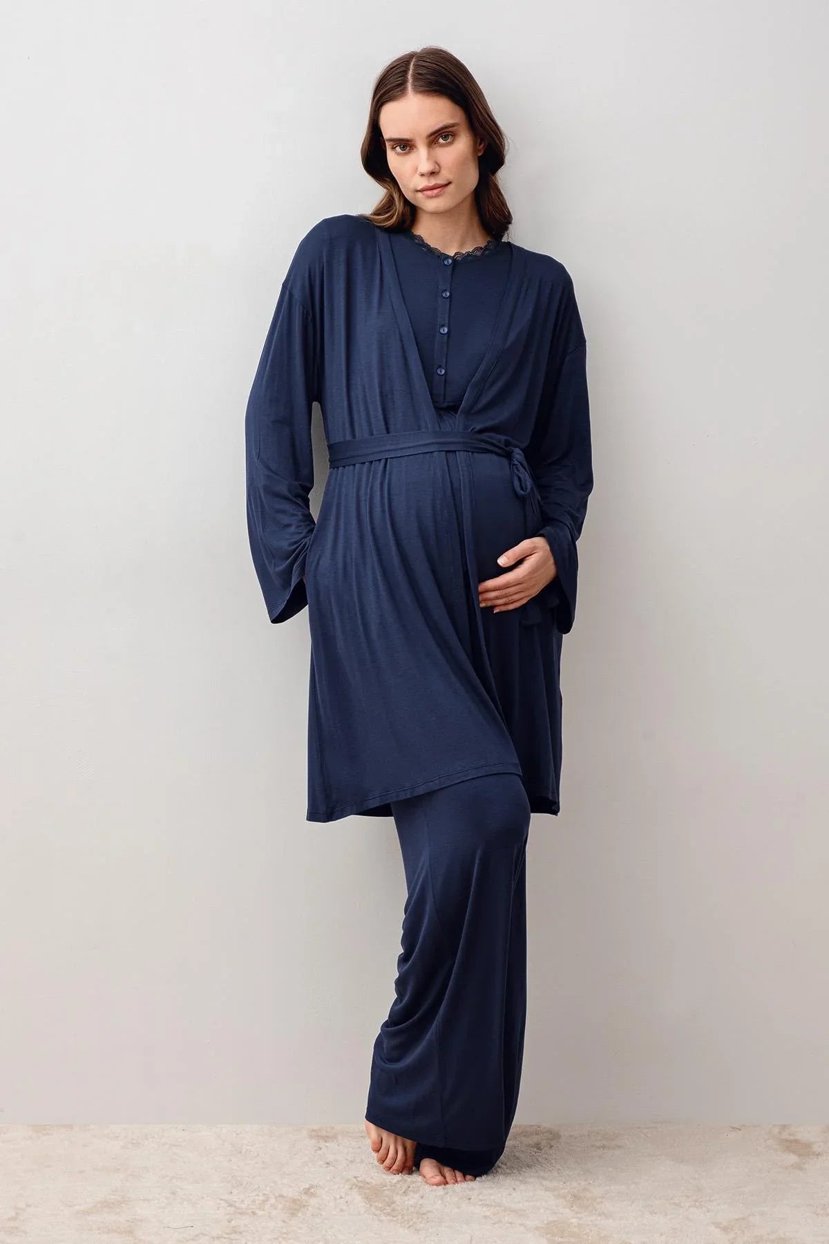 Uzun Kollu Likralı Viskoz Hamile Sabahlık Pijama Takım 20302 - Artış Collection
