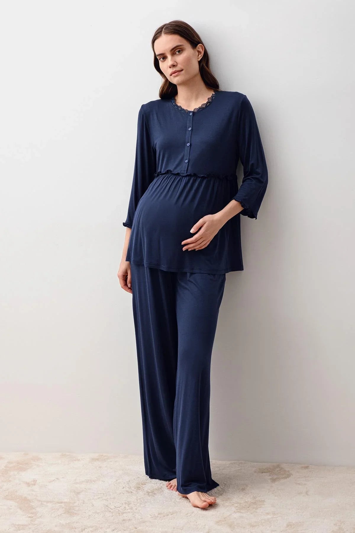Uzun Kollu Likralı Viskoz Hamile Sabahlık Pijama Takım 20302 - Artış Collection