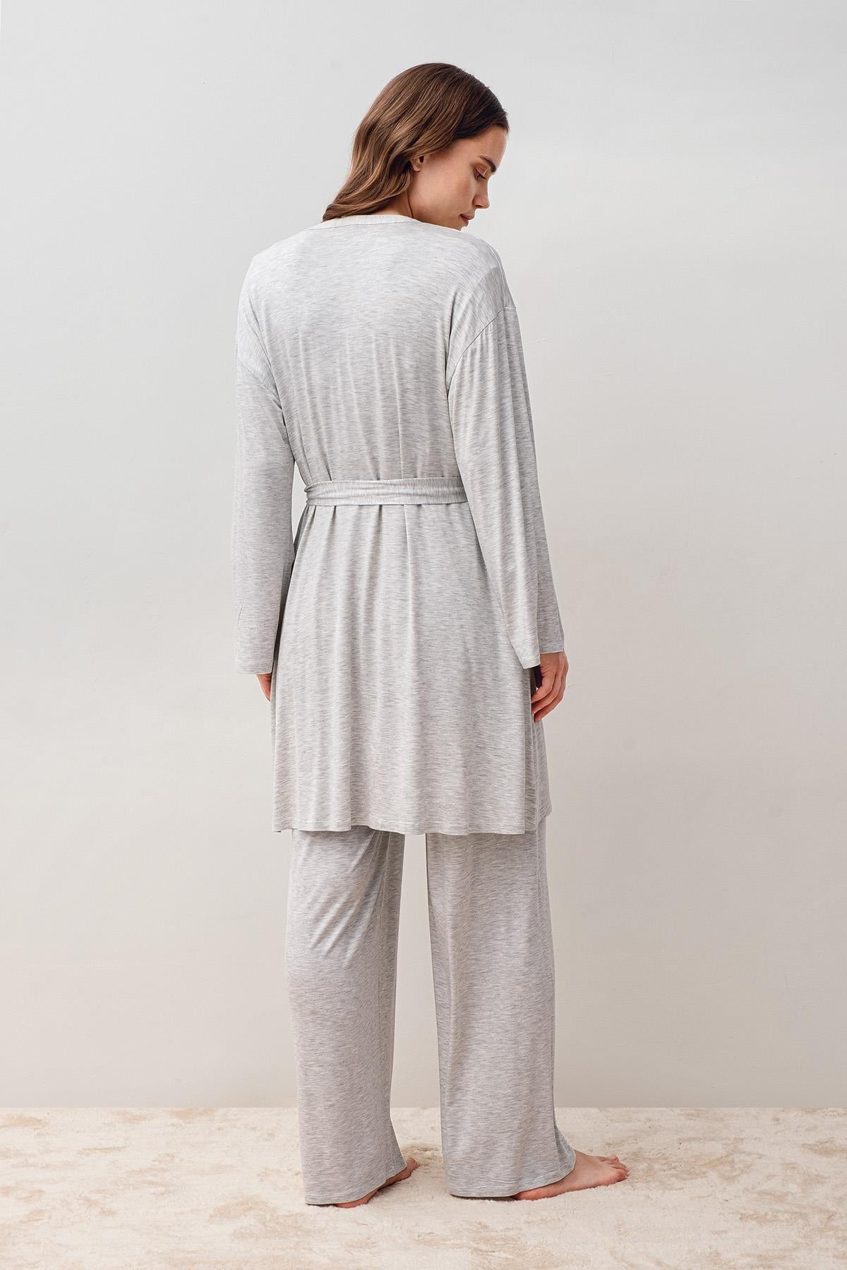 Uzun Kollu Likralı Viskoz Hamile Sabahlık Pijama Takım 20302