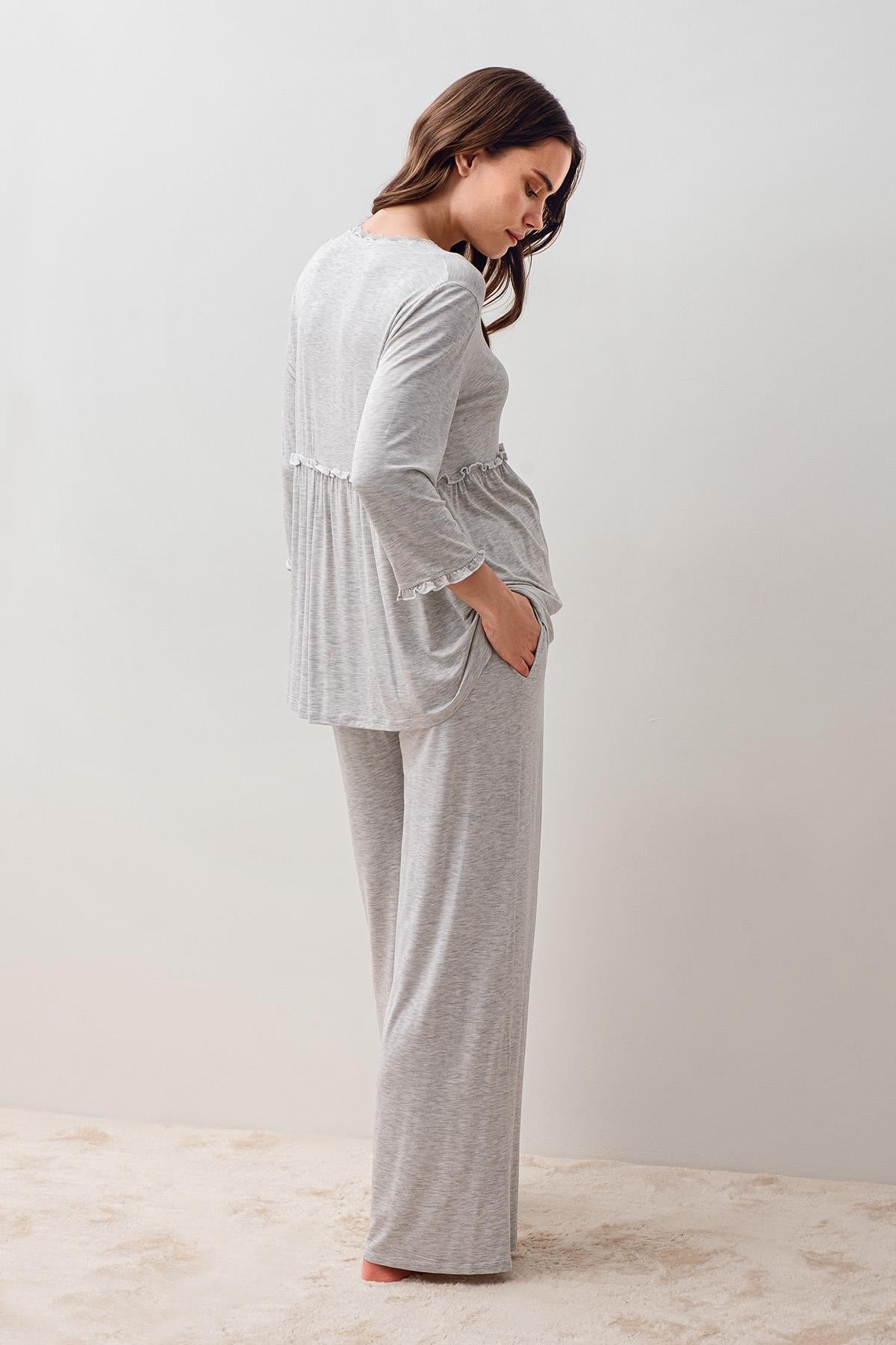 Uzun Kollu Likralı Viskoz Hamile Sabahlık Pijama Takım 20302