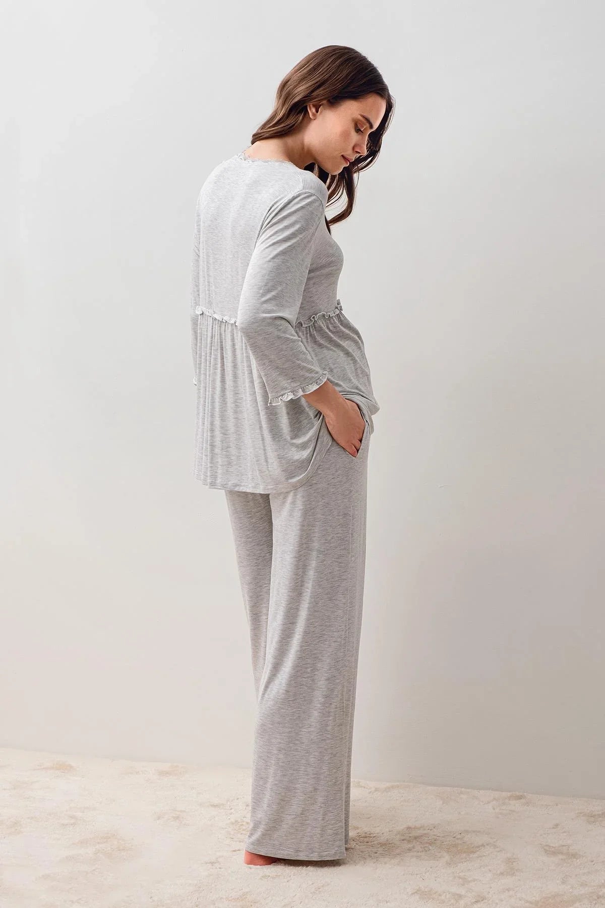 Uzun Kollu Likralı Viskoz Hamile Sabahlık Pijama Takım 20302 - Artış Collection