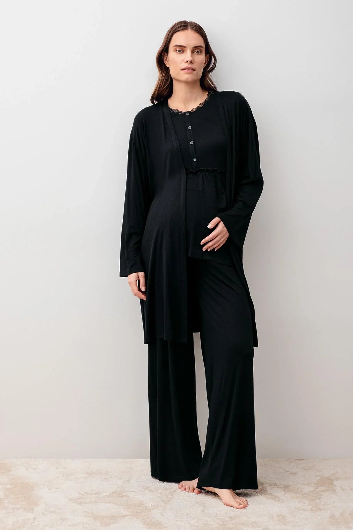 Uzun Kollu Likralı Viskoz Hamile Sabahlık Pijama Takım 20302 - Artış Collection