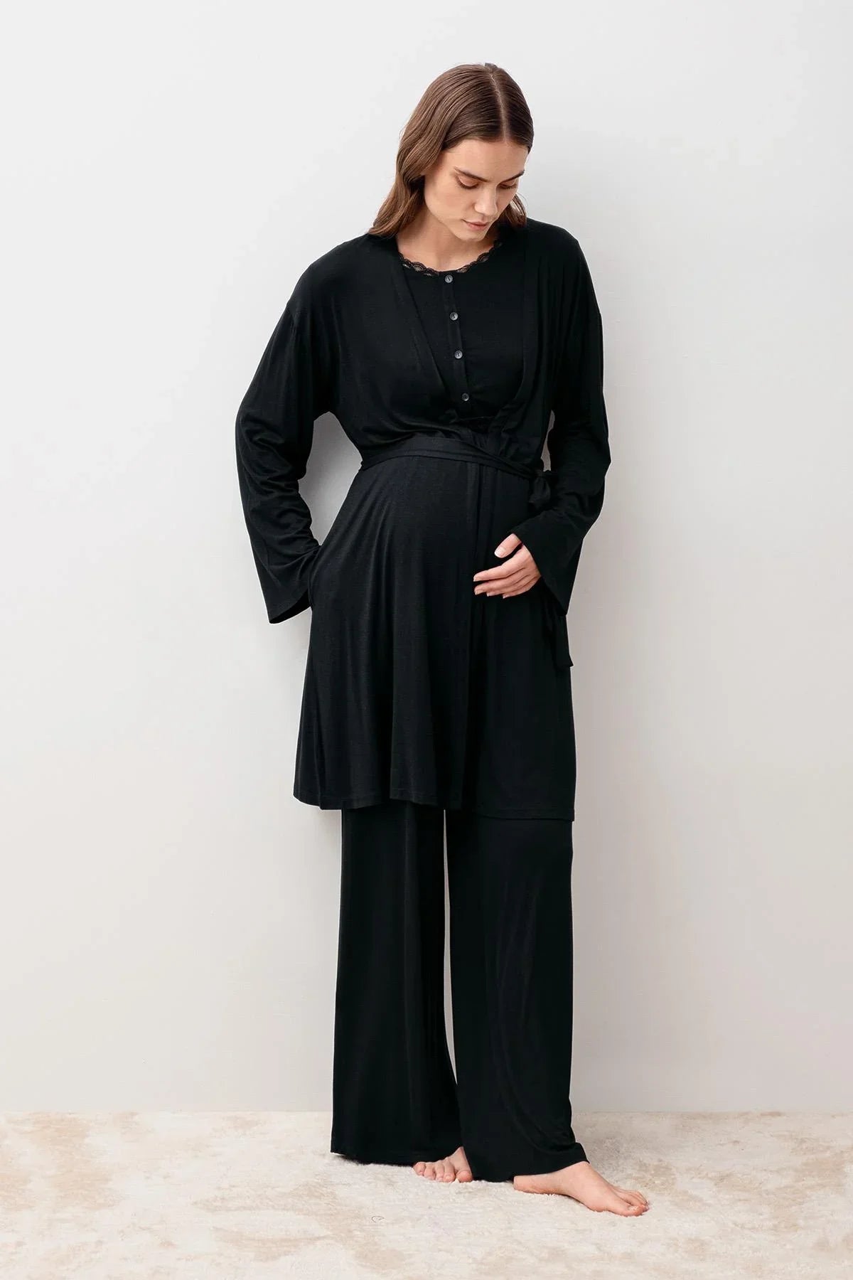Uzun Kollu Likralı Viskoz Hamile Sabahlık Pijama Takım 20302 - Artış Collection