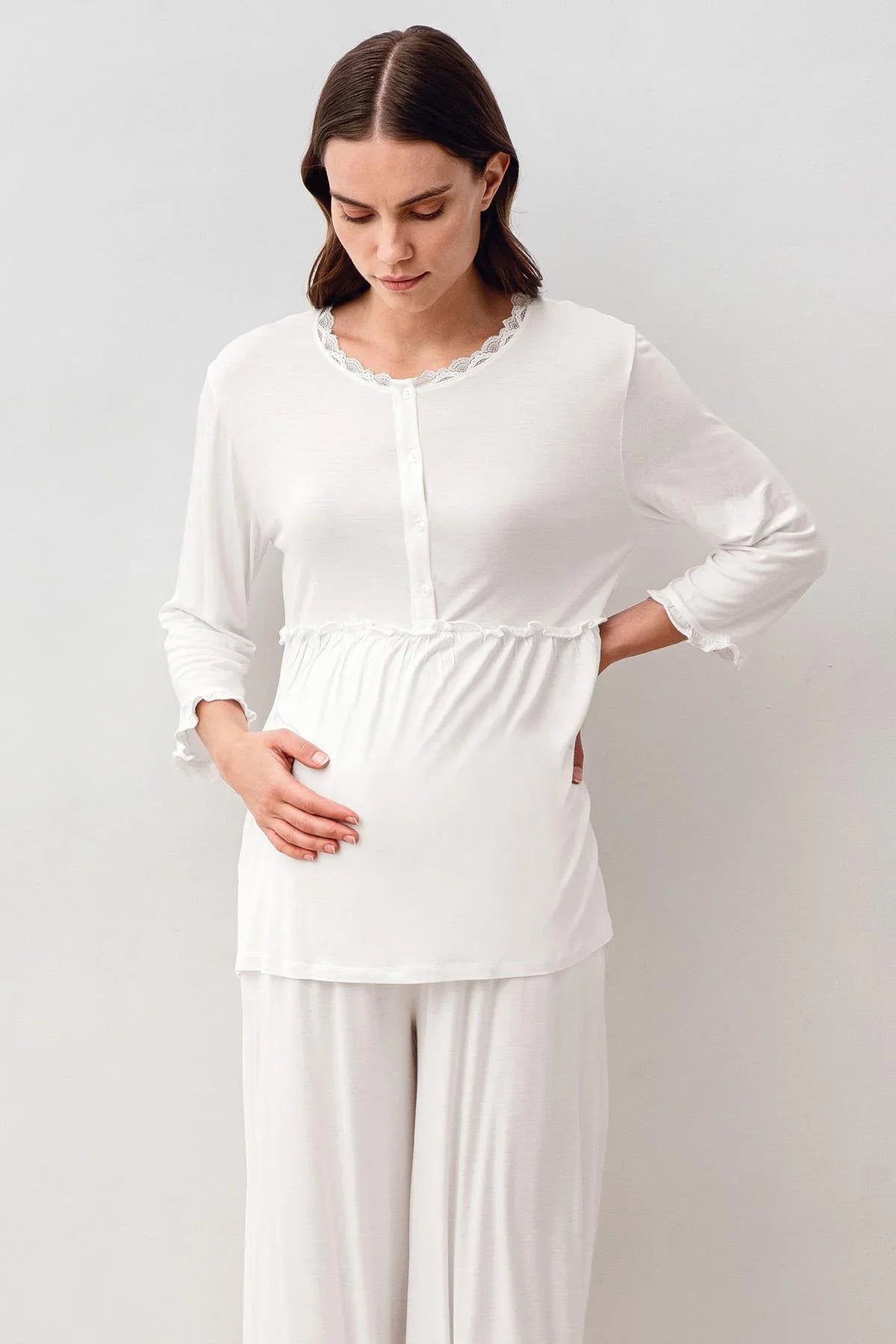 Uzun Kollu Likralı Viskoz Hamile Sabahlık Pijama Takım 20302 - Artış Collection