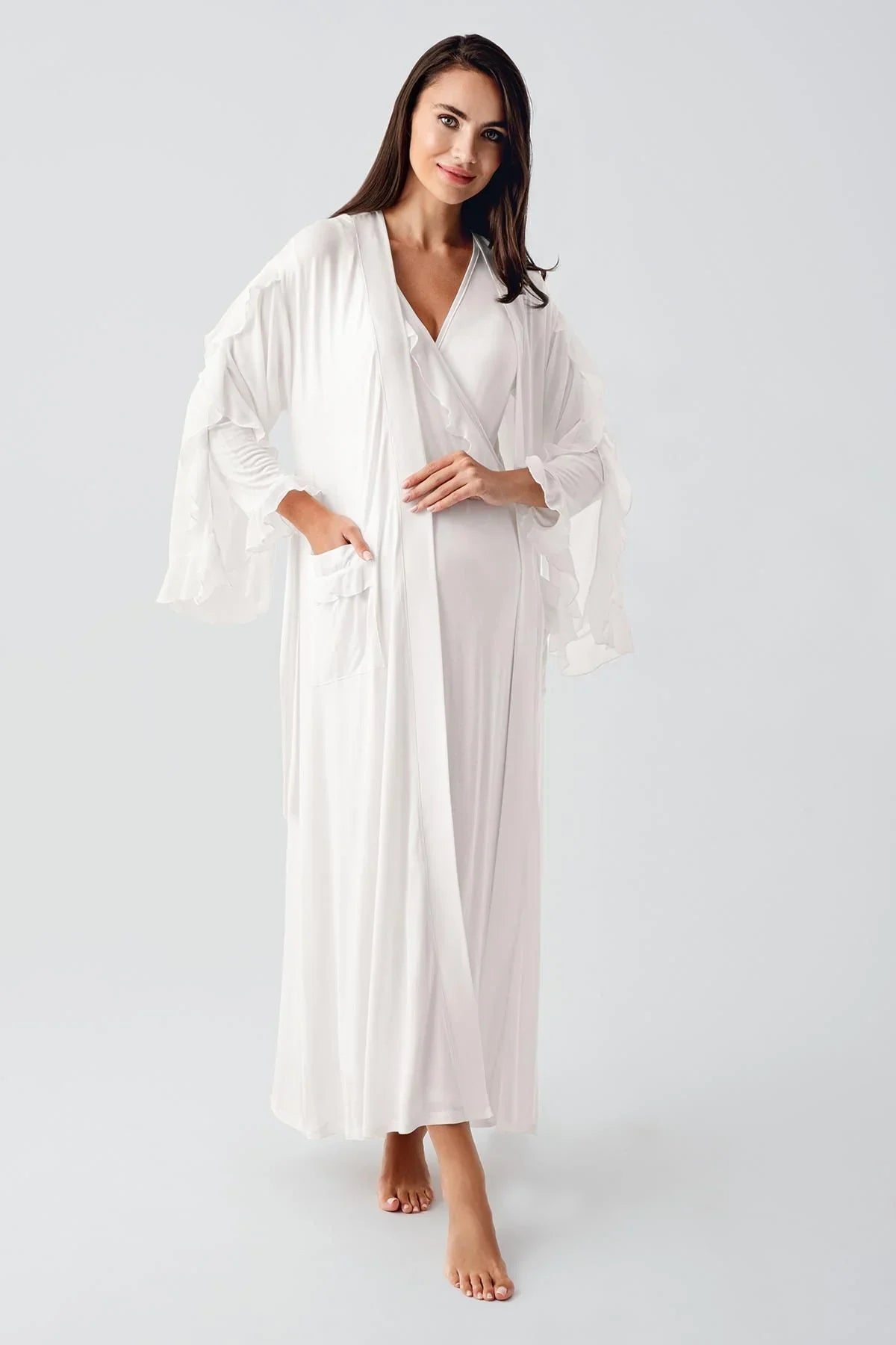 Long Chiffon Sleeve Flexible Viscose Maternity Dressing Gown Nightgown Set 24106