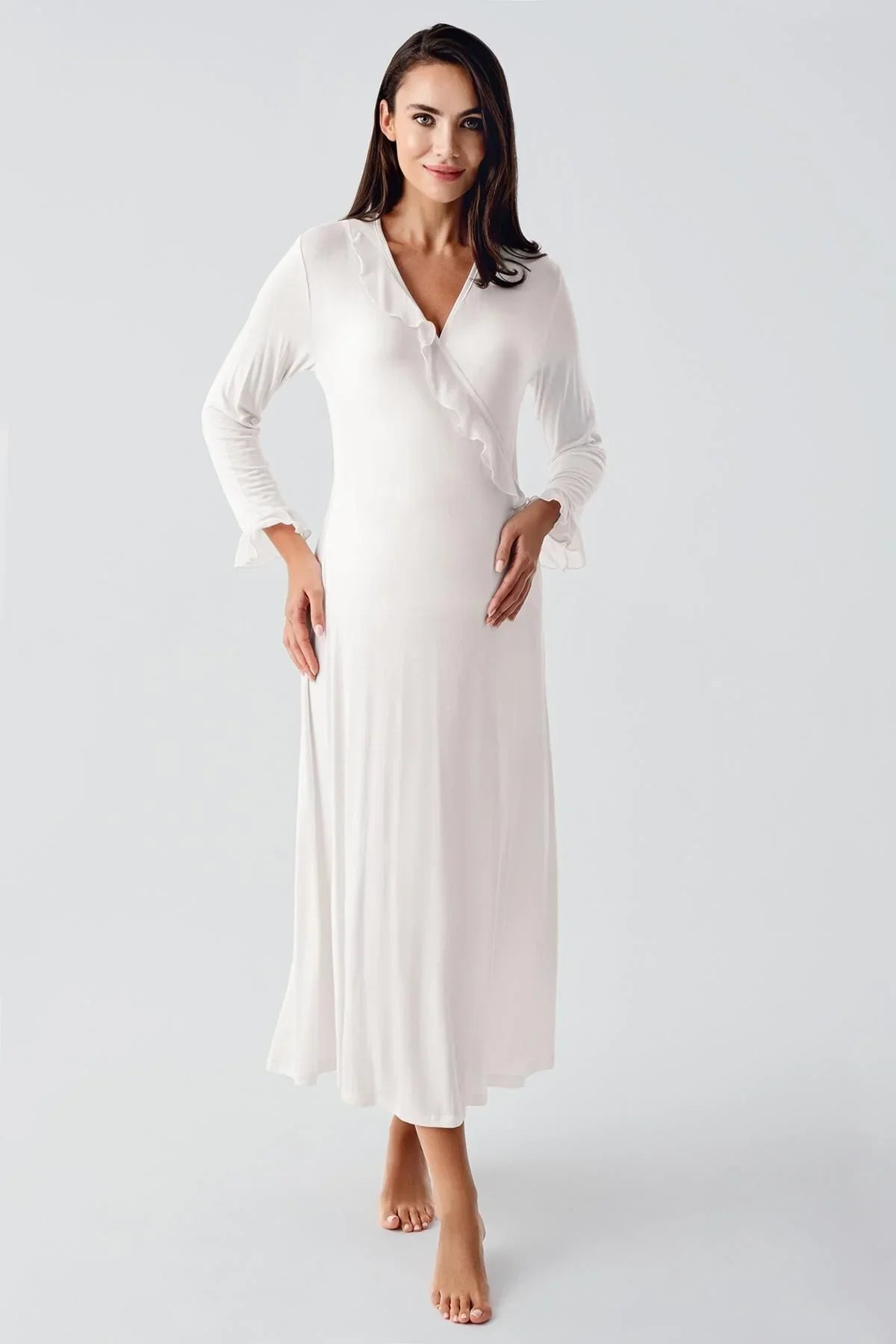 Long Chiffon Sleeve Flexible Viscose Maternity Dressing Gown Nightgown Set 24106