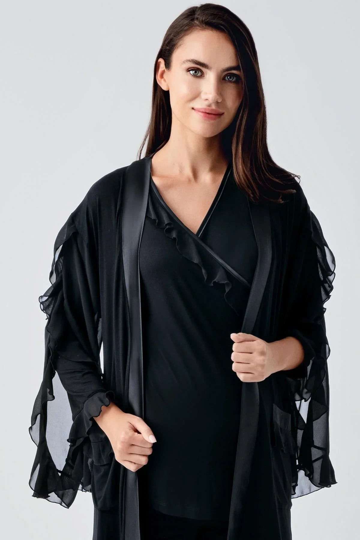 Uzun Şifon Kollu Esnek Vizkoz Hamile Sabahlık Pijama Takım 23106