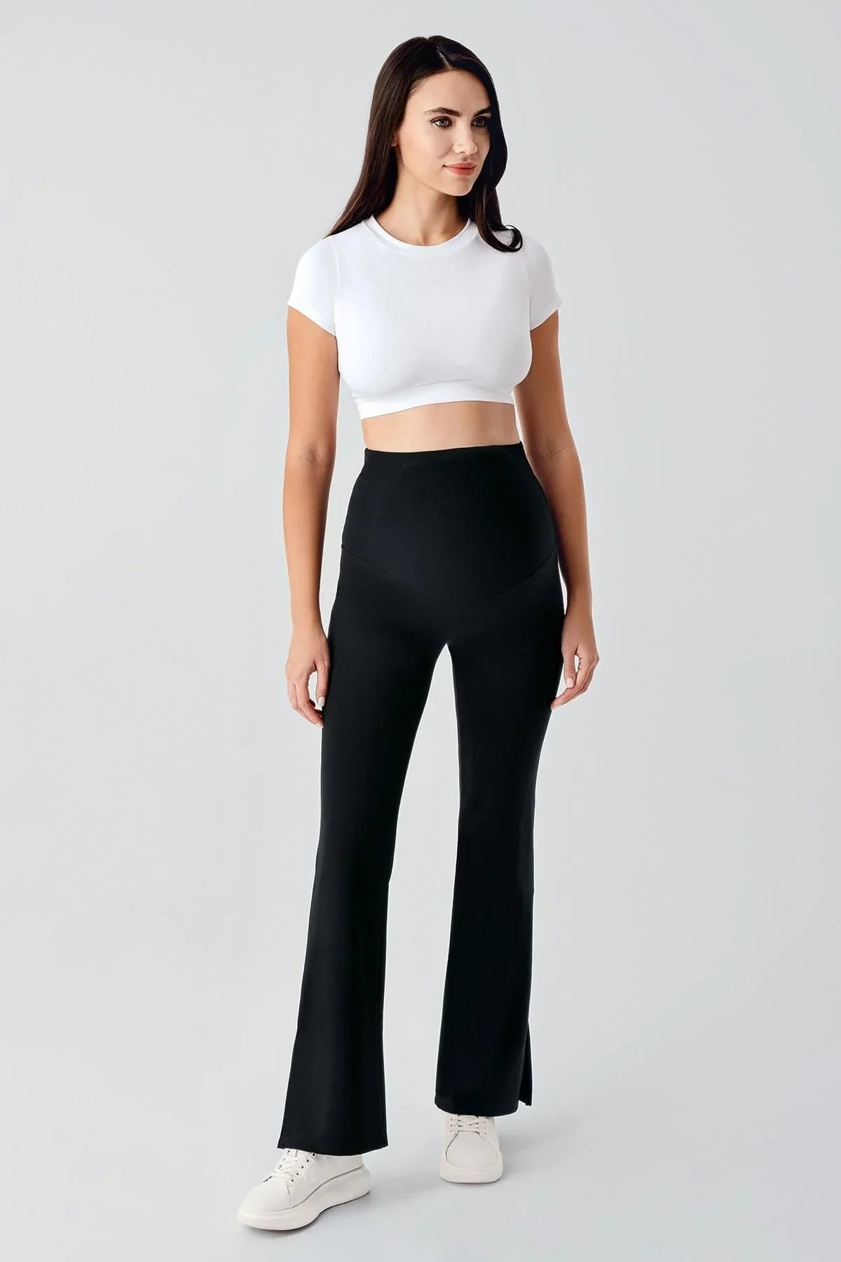 Adjustable High Waist Flexible Maternity Trousers with Slit Detail HP01