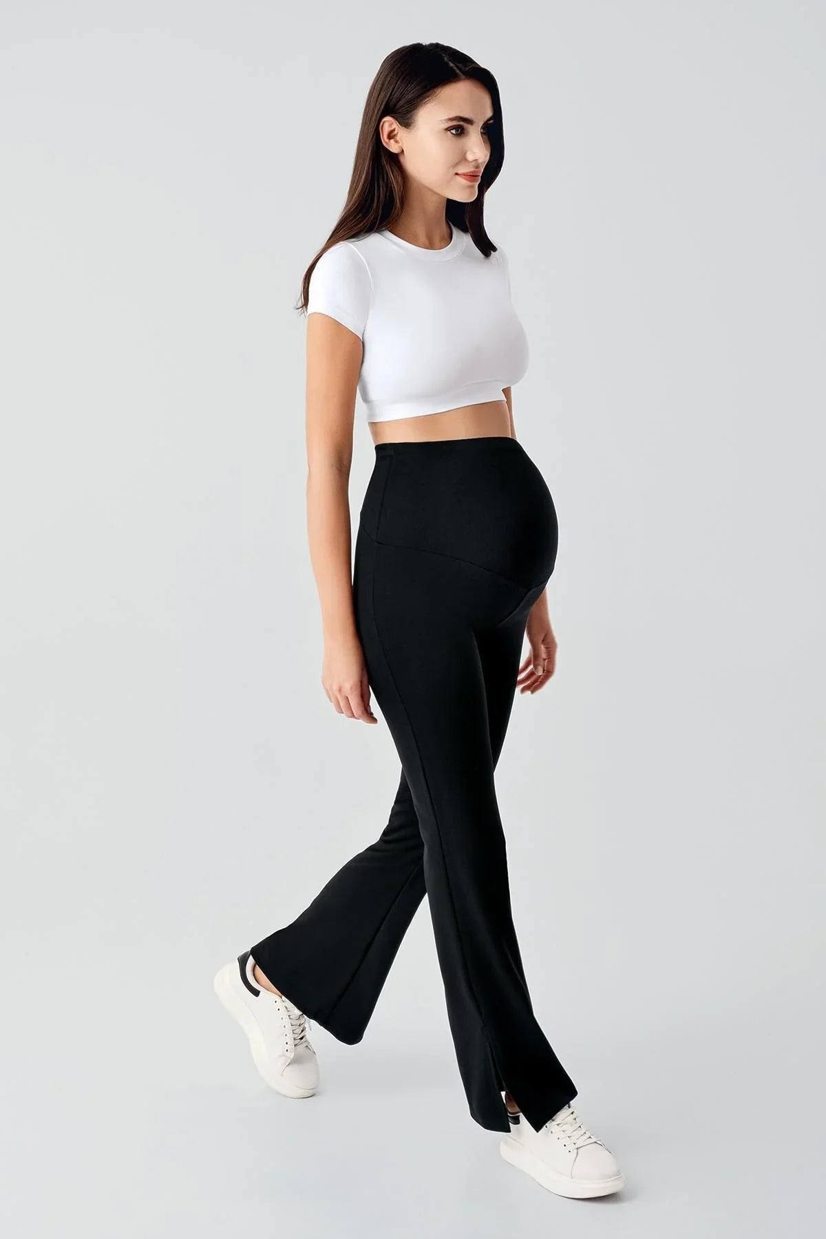 Adjustable High Waist Flexible Maternity Trousers with Slit Detail HP01