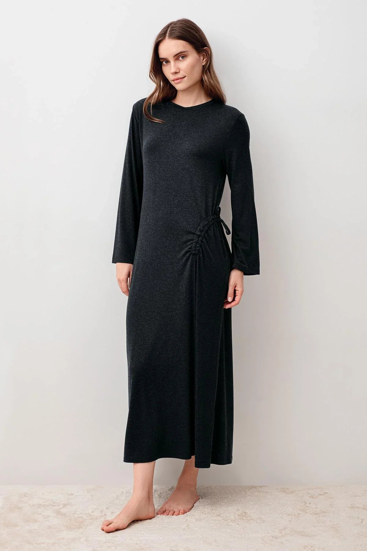 Long-Sleeved Soft-Textured Ruched Stretchy Viscose Dress 20103