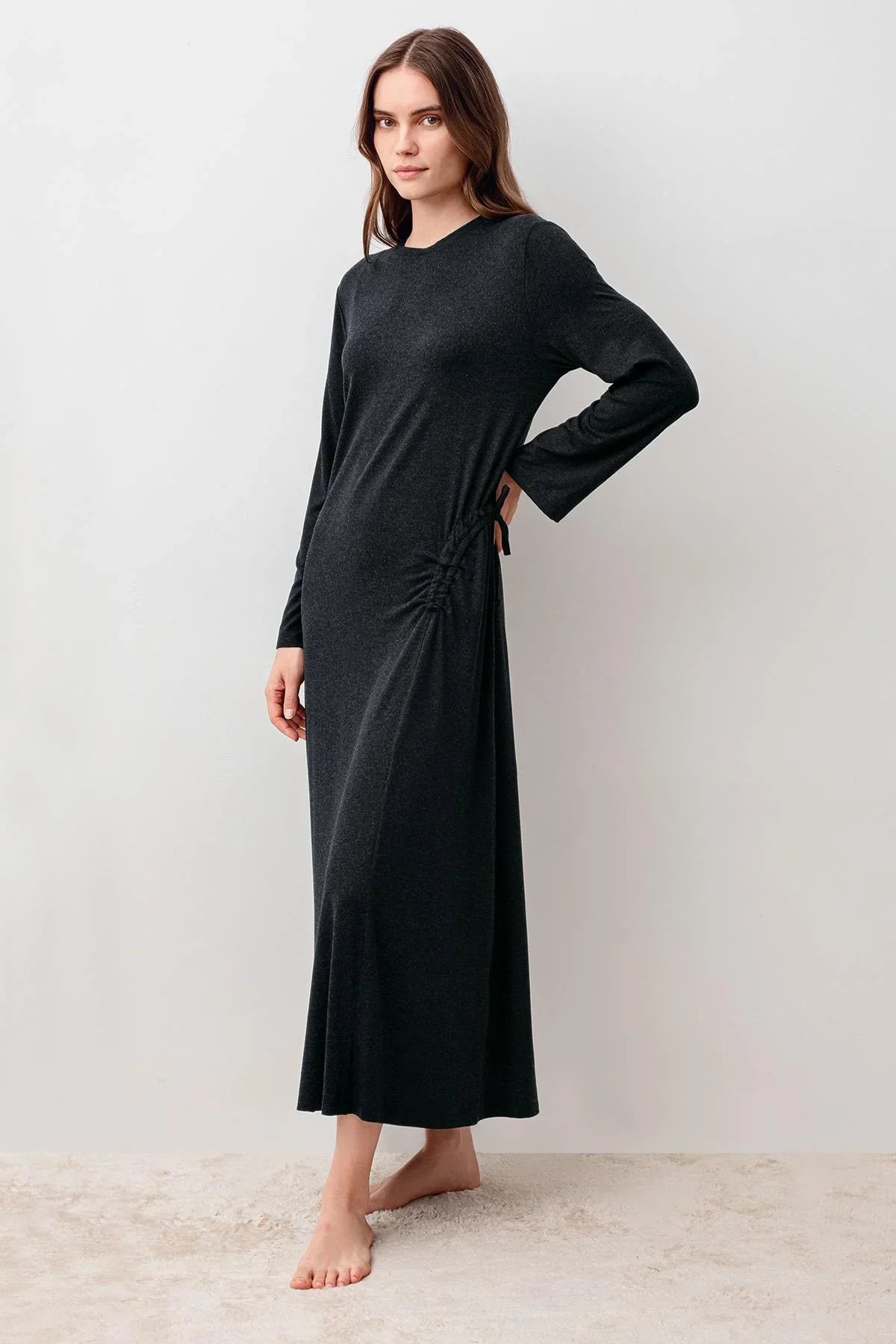 Long-Sleeved Soft-Textured Ruched Stretchy Viscose Dress 20103