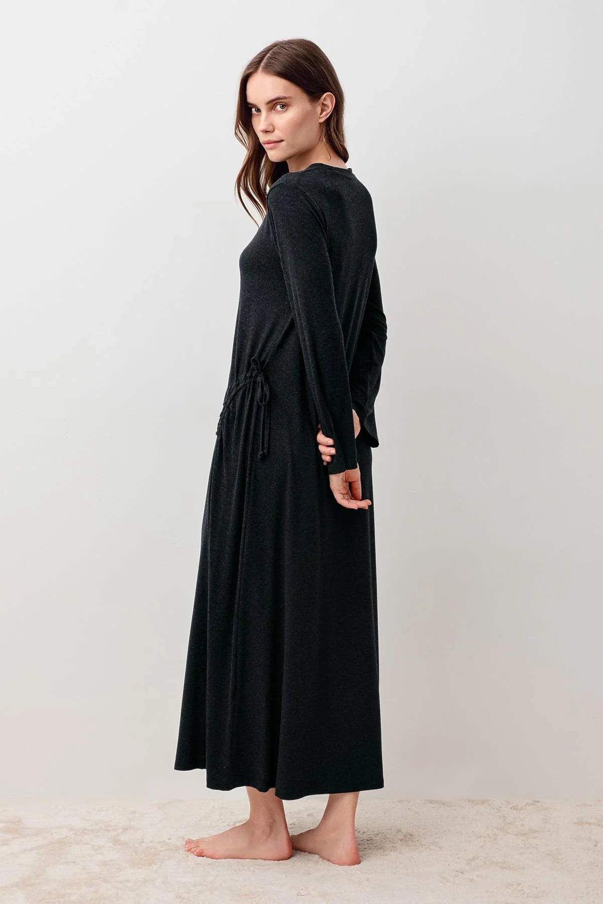 Long-Sleeved Soft-Textured Ruched Stretchy Viscose Dress 20103