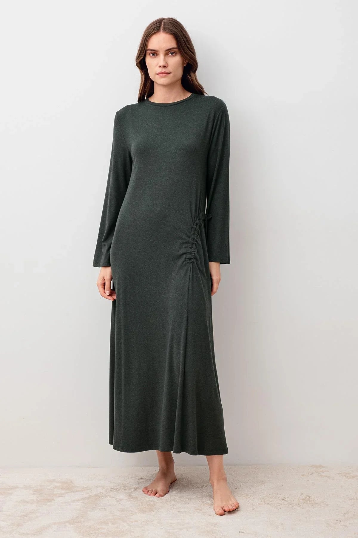Long-Sleeved Soft-Textured Ruched Stretchy Viscose Dress 20103