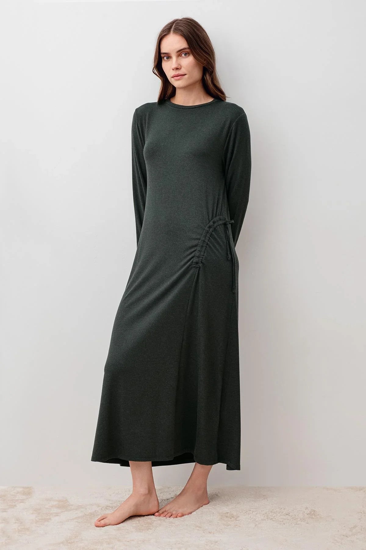 Long-Sleeved Soft-Textured Ruched Stretchy Viscose Dress 20103