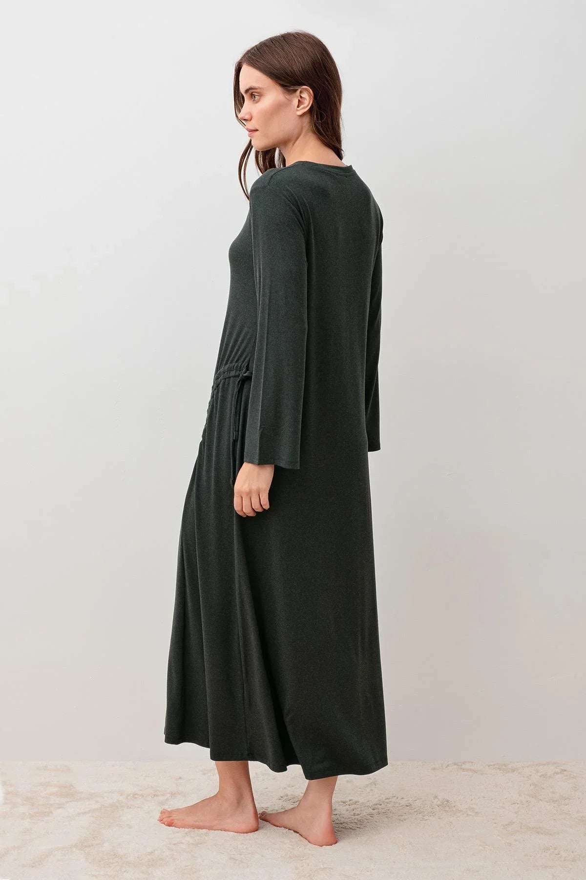 Long-Sleeved Soft-Textured Ruched Stretchy Viscose Dress 20103