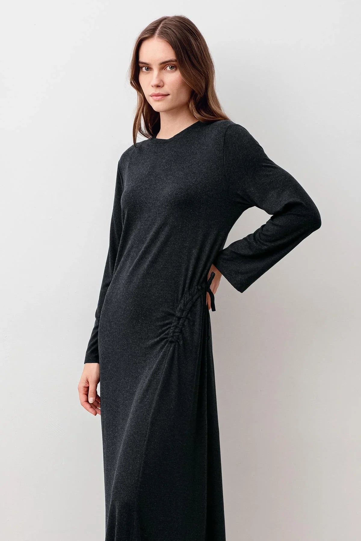 Long-Sleeved Soft-Textured Ruched Stretchy Viscose Dress 20103